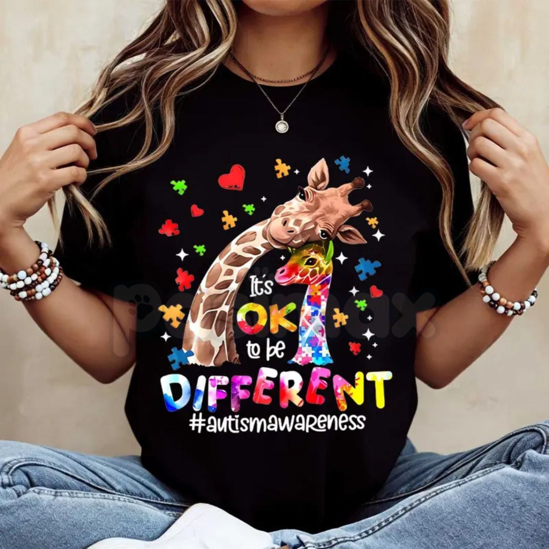 Pasimax "Different is Beautiful" Artistic Giraffe T-Shirt — back view