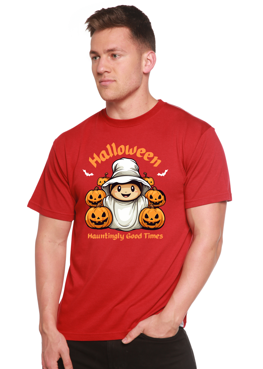 Spun Bamboo Halloween Hauntingly Good Times Day Men's Bamboo Viscose/Organic Cotton Short Sleeve Graphic T-Shirt — in-use pho