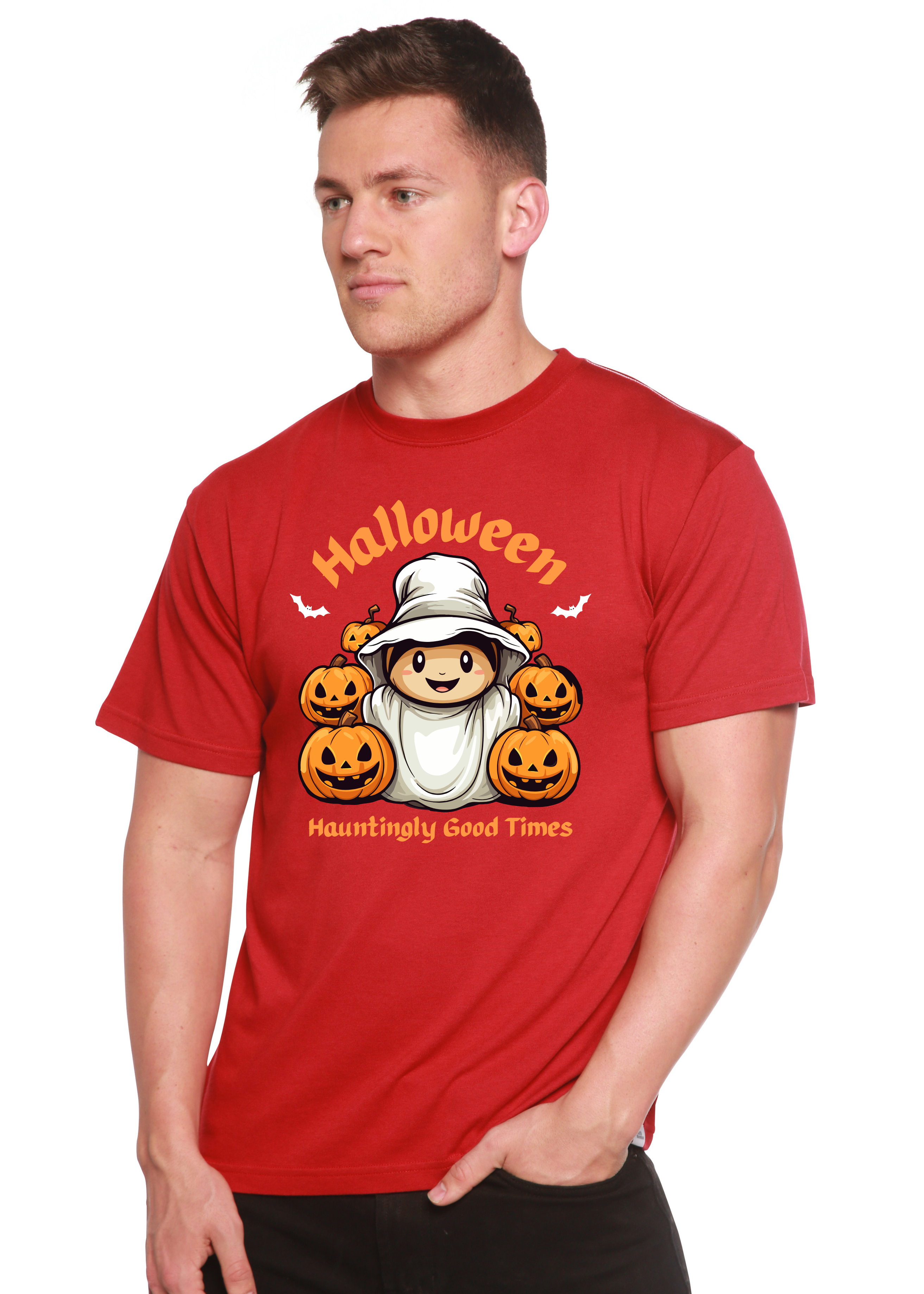 Spun Bamboo Halloween Hauntingly Good Times Day Men's Bamboo Viscose/Organic Cotton Short Sleeve Graphic T-Shirt — in-use pho