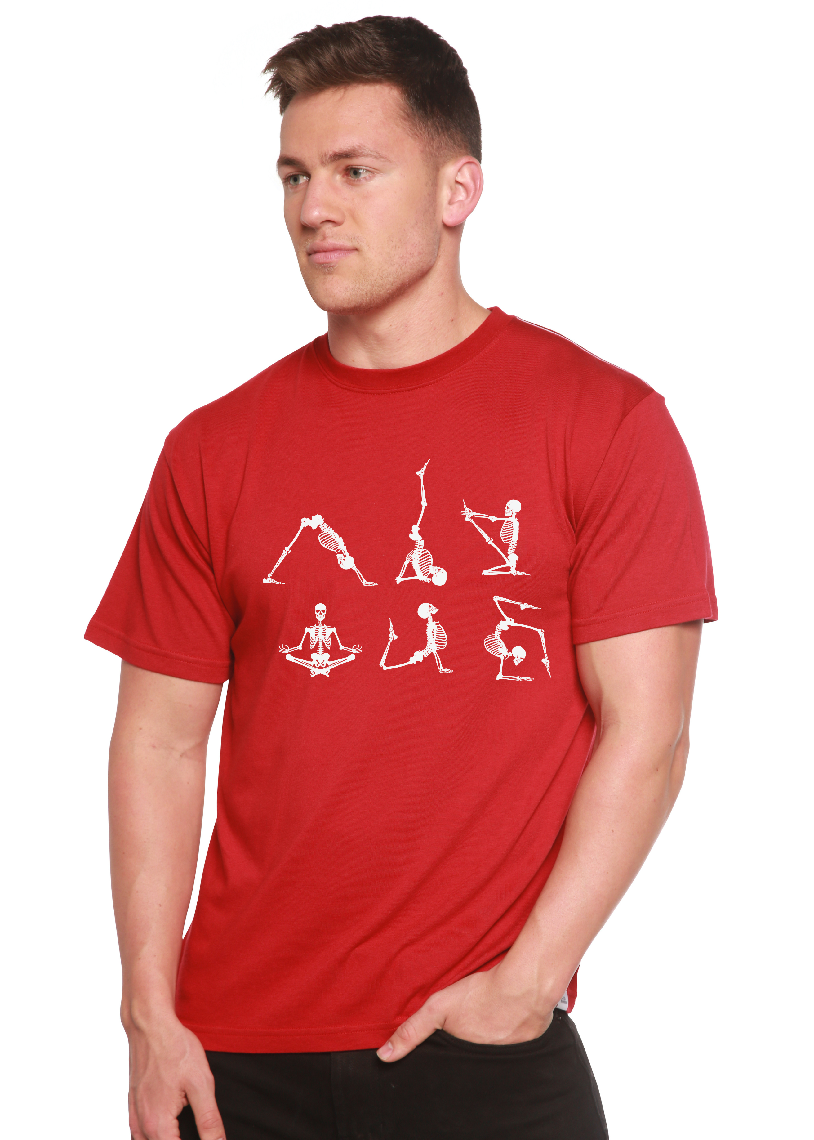 Spun Bamboo Halloween Skeleton Namaste Men's Bamboo Viscose/Organic Cotton Short Sleeve Graphic T-Shirt — alternative angle