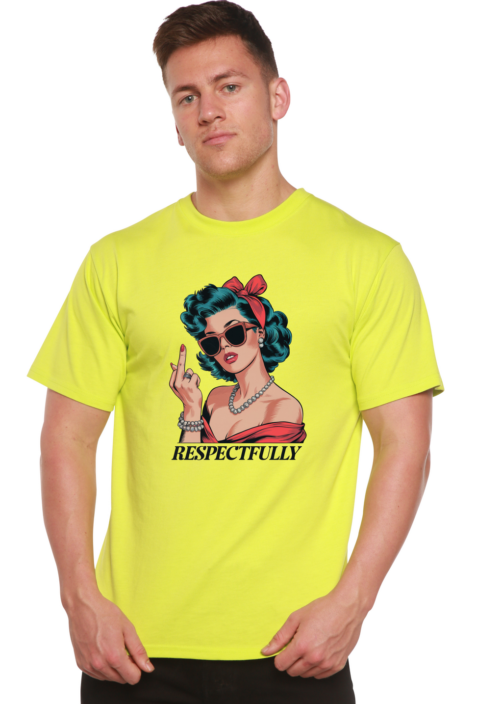 Spun Bamboo Respectfully Middle Finger Unisex Bamboo/Cotton Graphic T-Shirt — lifestyle context
