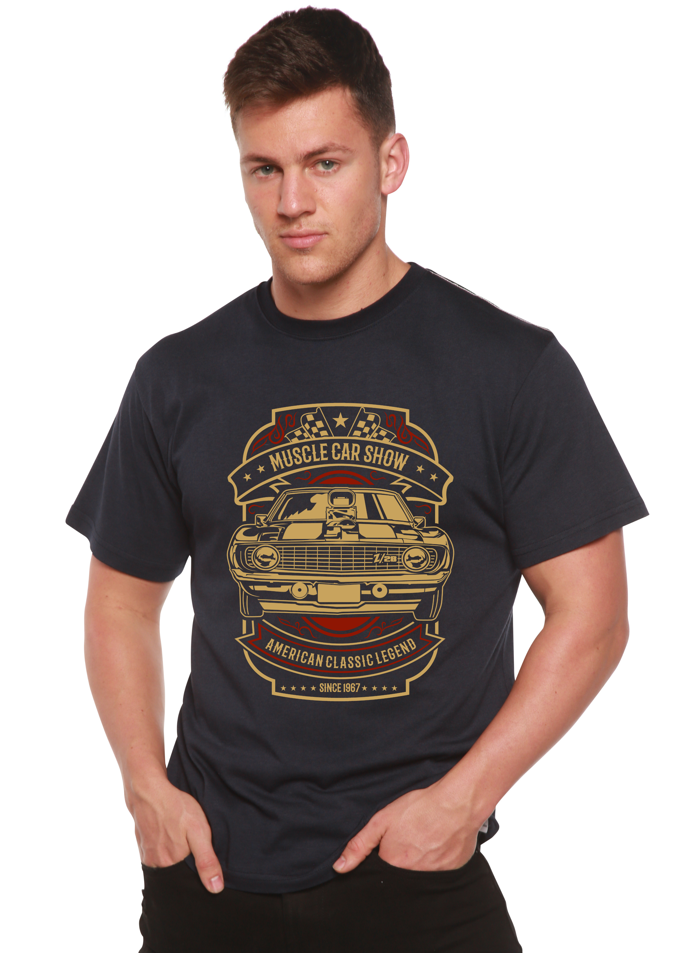 Spun Bamboo Muscle Car Show Spun Bamboo® Men's Bamboo Viscose/Organic Cotton Short Sleeve Graphic T-Shirt — detail close-up