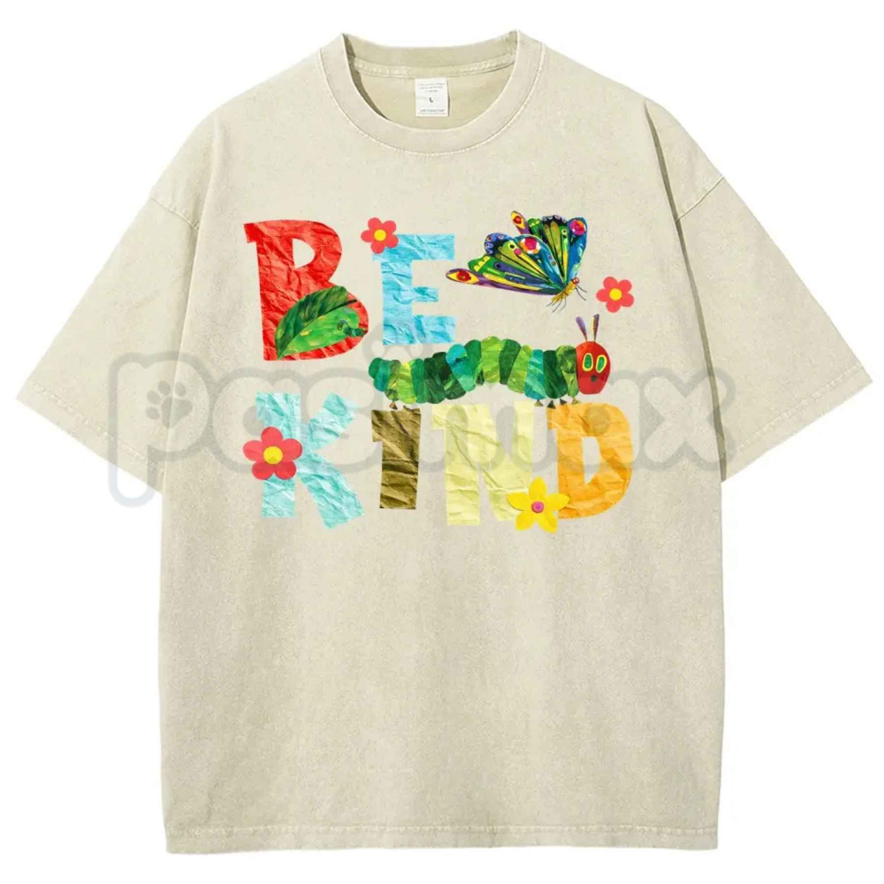 Be Kind Paper Collage Bug Butterfly Floral T-Shirt – Retro Cottagecore Graphic Tee, Vintage Washed Lightweight Cotton Botanical Unisex Top