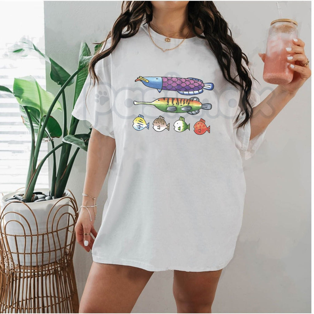 Pasimax Nintendoodle Fish Lineup Tee - Retro Nintendo Art Style T-Shirt, Funny Gaming Doodle Apparel, Unique Fish Lineup Fan 