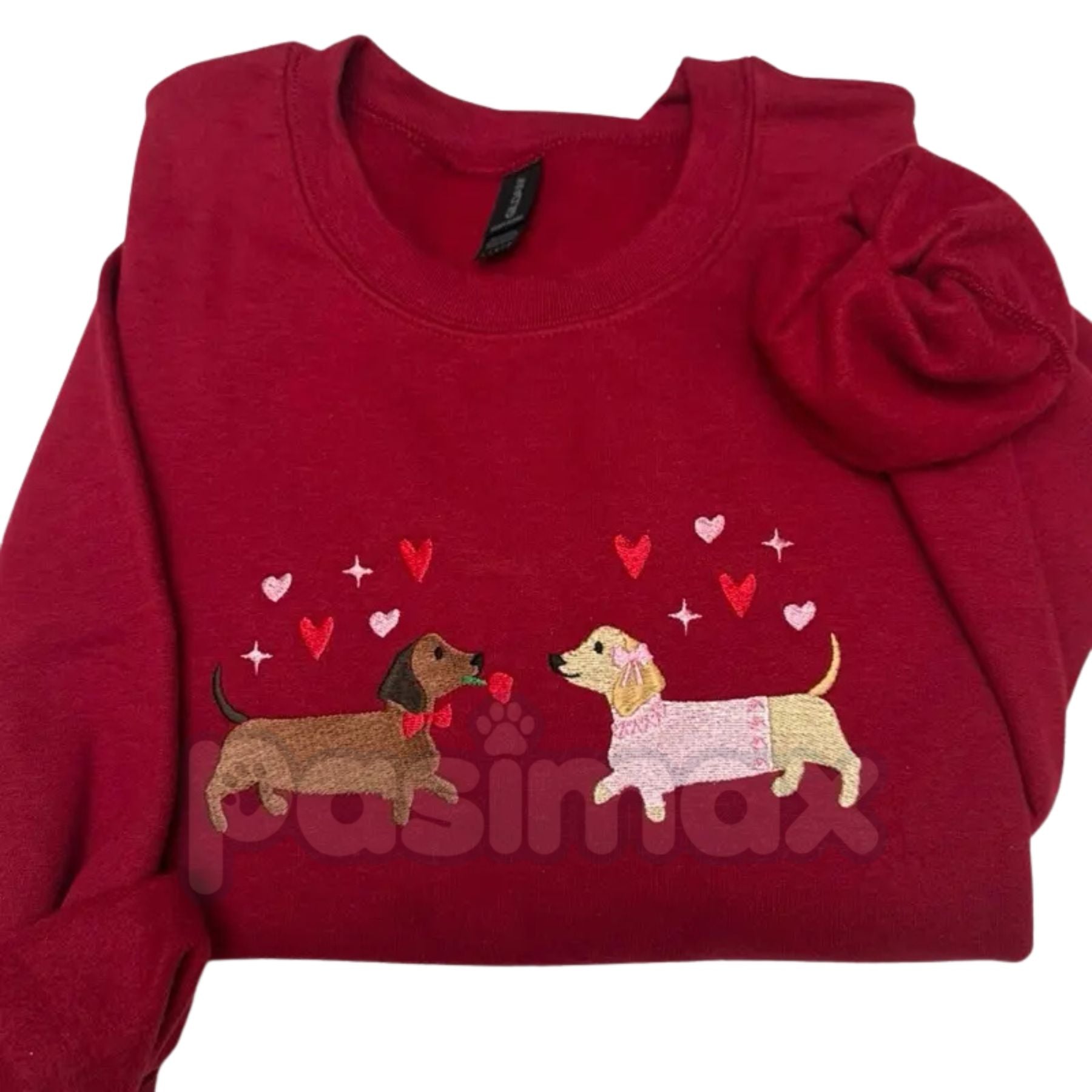 Pasimax Embroidered Dachshund Valentine’s Day Sweatshirt – Cute Doxie Heart Crewneck — back view
