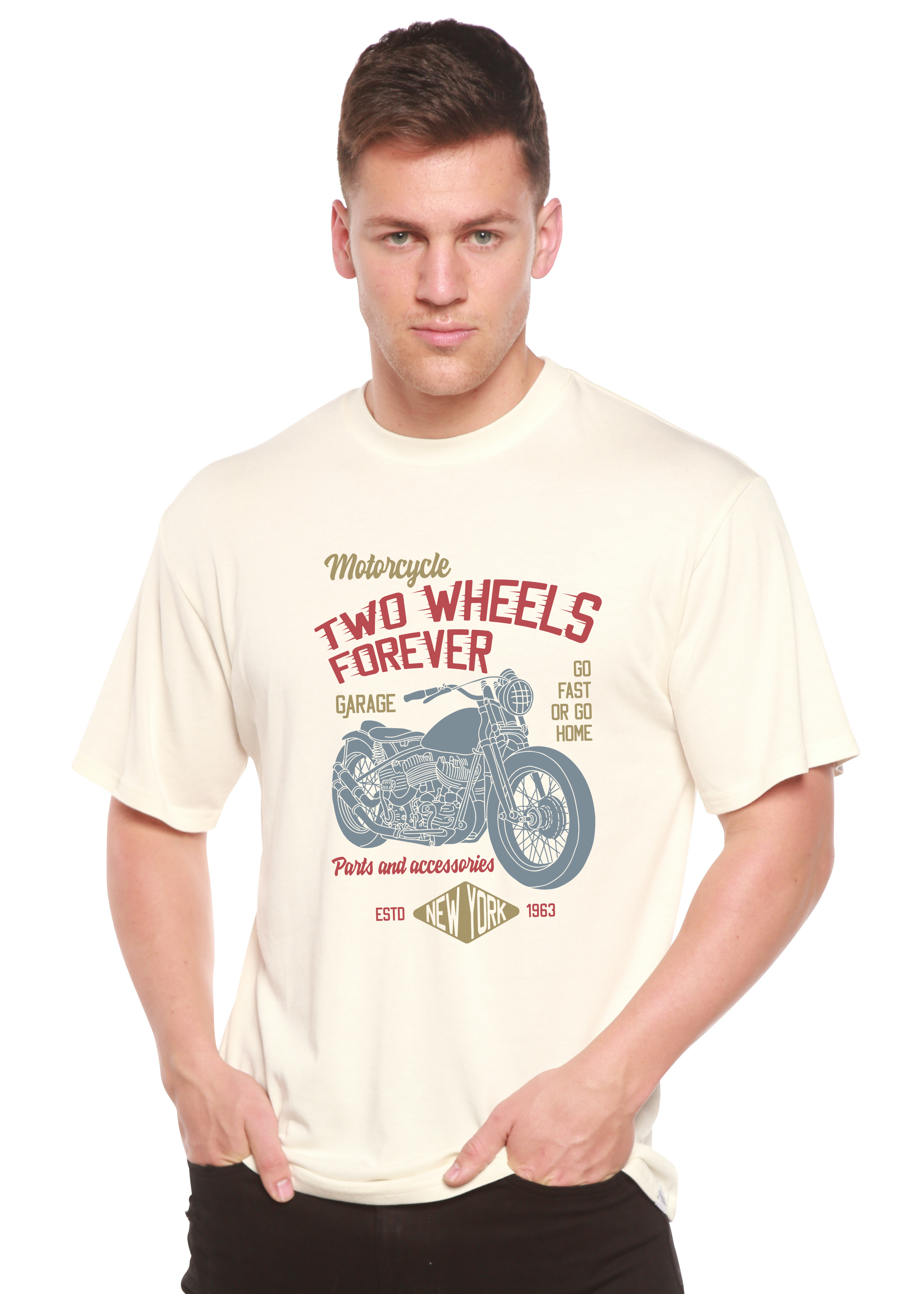 Spun Bamboo Two Wheels Forever Men's Bamboo Viscose/Organic Cotton Short Sleeve Graphic T-Shirt — lifestyle context