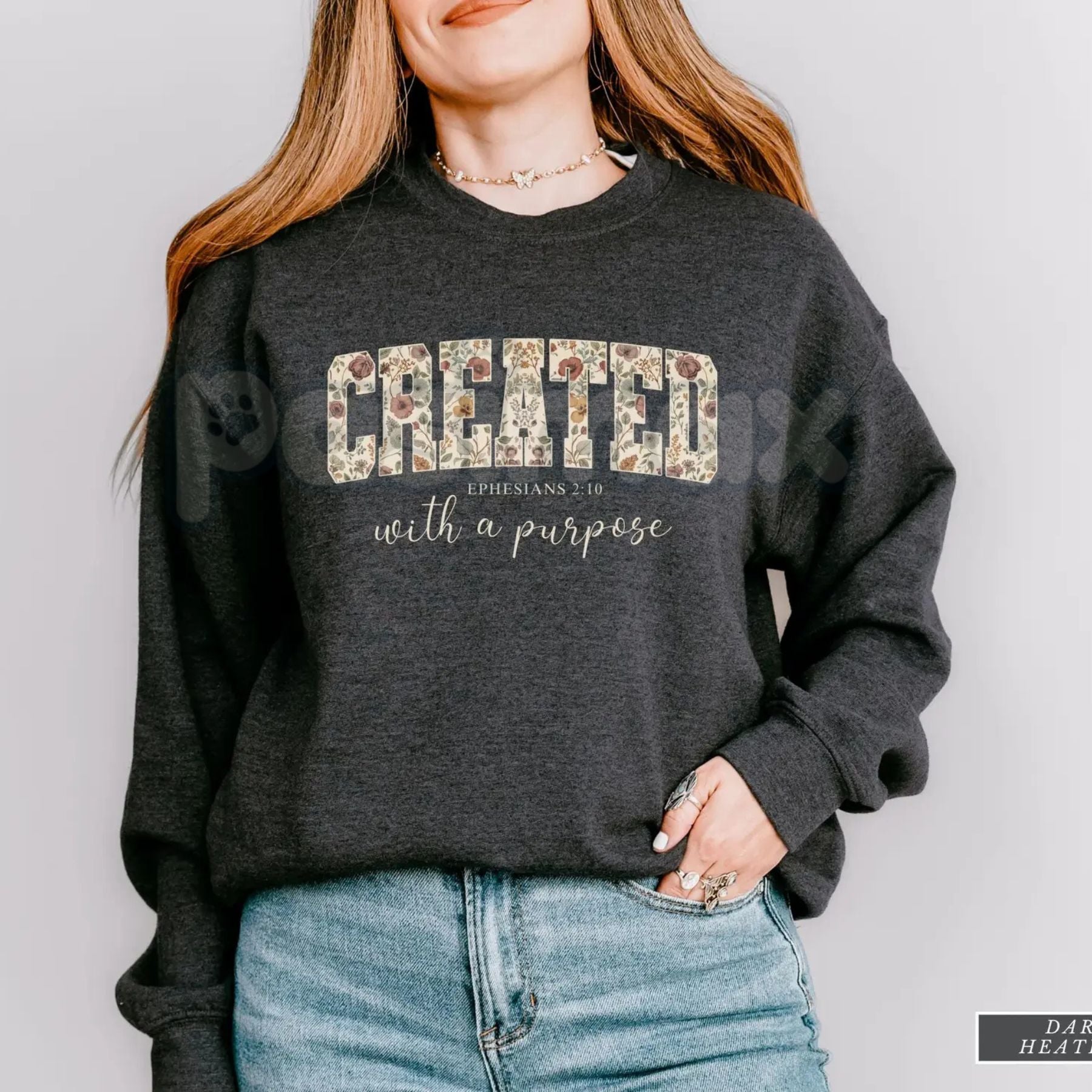 Pasimax Created with a Purpose Floral Sweatshirt | Inspirational Affirmation Jumper | Motivational Flower Graphic Crewneck | 