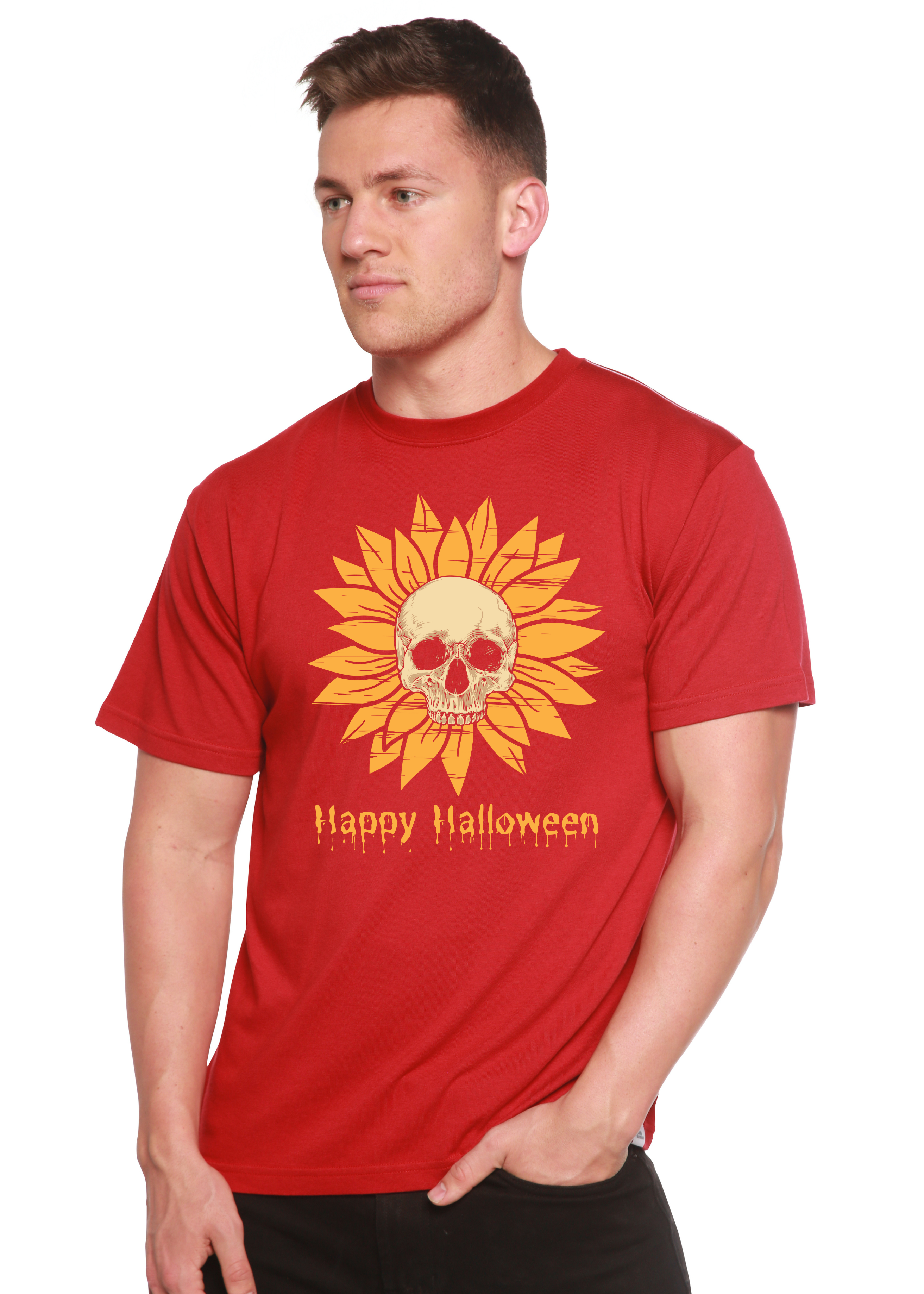 Spun Bamboo Happy Halloween Day Men's Bamboo Viscose/Organic Cotton Short Sleeve Graphic T-Shirt — in-use photo