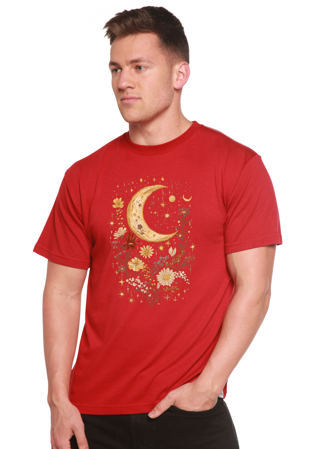 Spun Bamboo Celestial Moon Boho Flowers Vintage Unisex Bamboo/Cotton Graphic T-Shirt — size reference