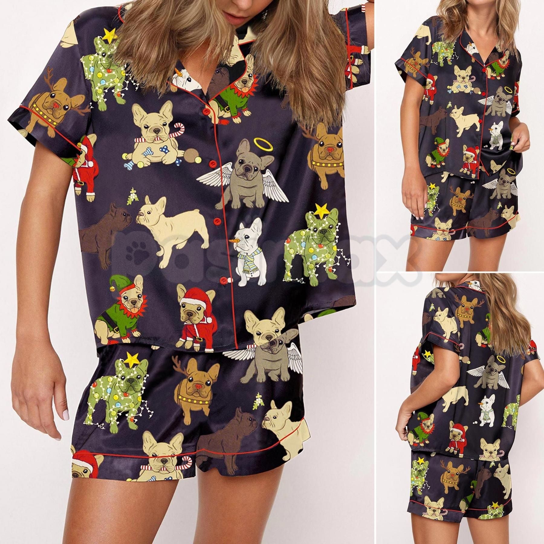 Pasimax Christmas French Bulldog Satin Pajama Set for Women - Comfy Silky Sleepwear & Loungewear PJs — back view