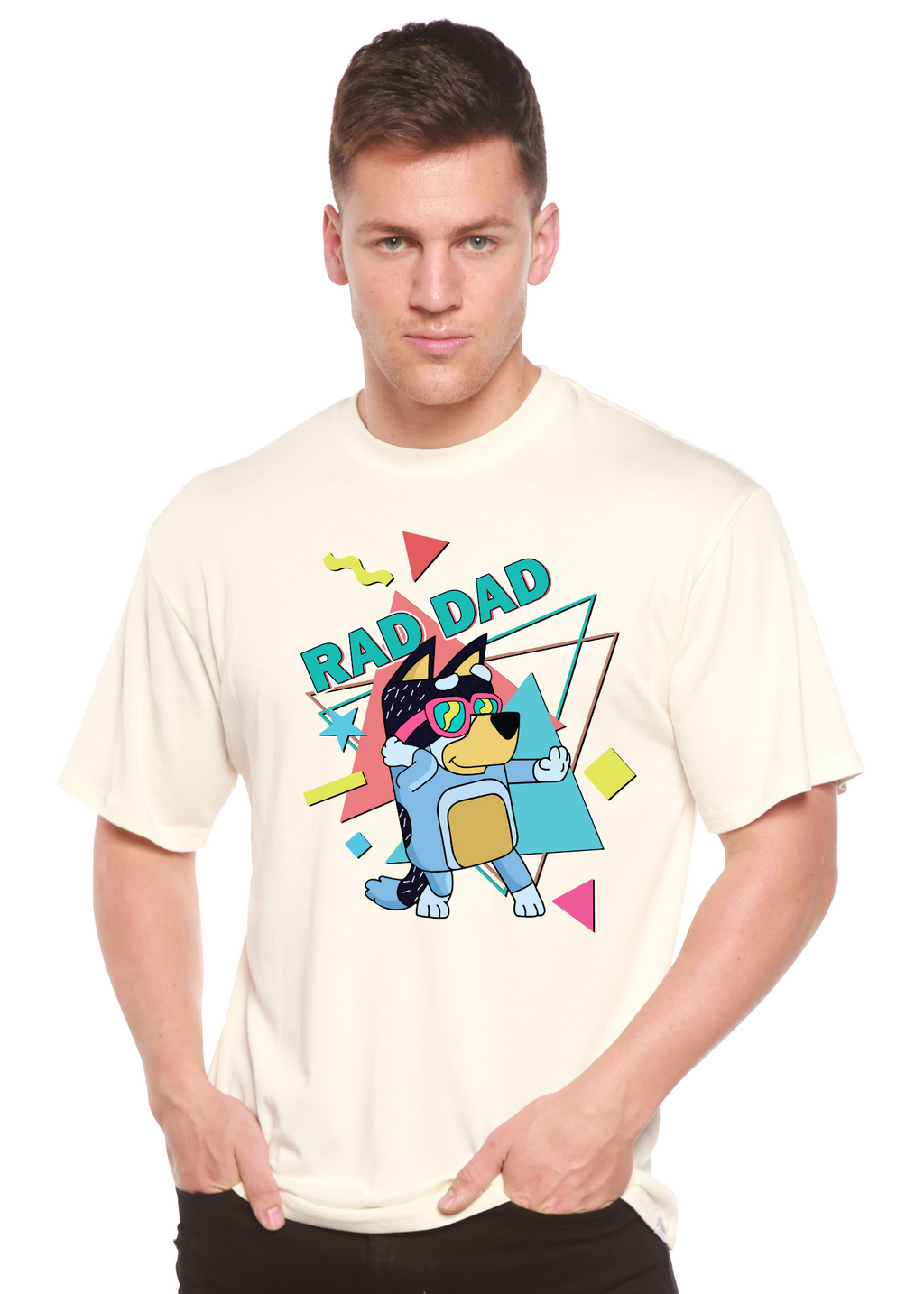 Spun Bamboo Rad Dad Bluey Men's Bamboo Short Sleeve Graphic T-Shirt — detail close-up