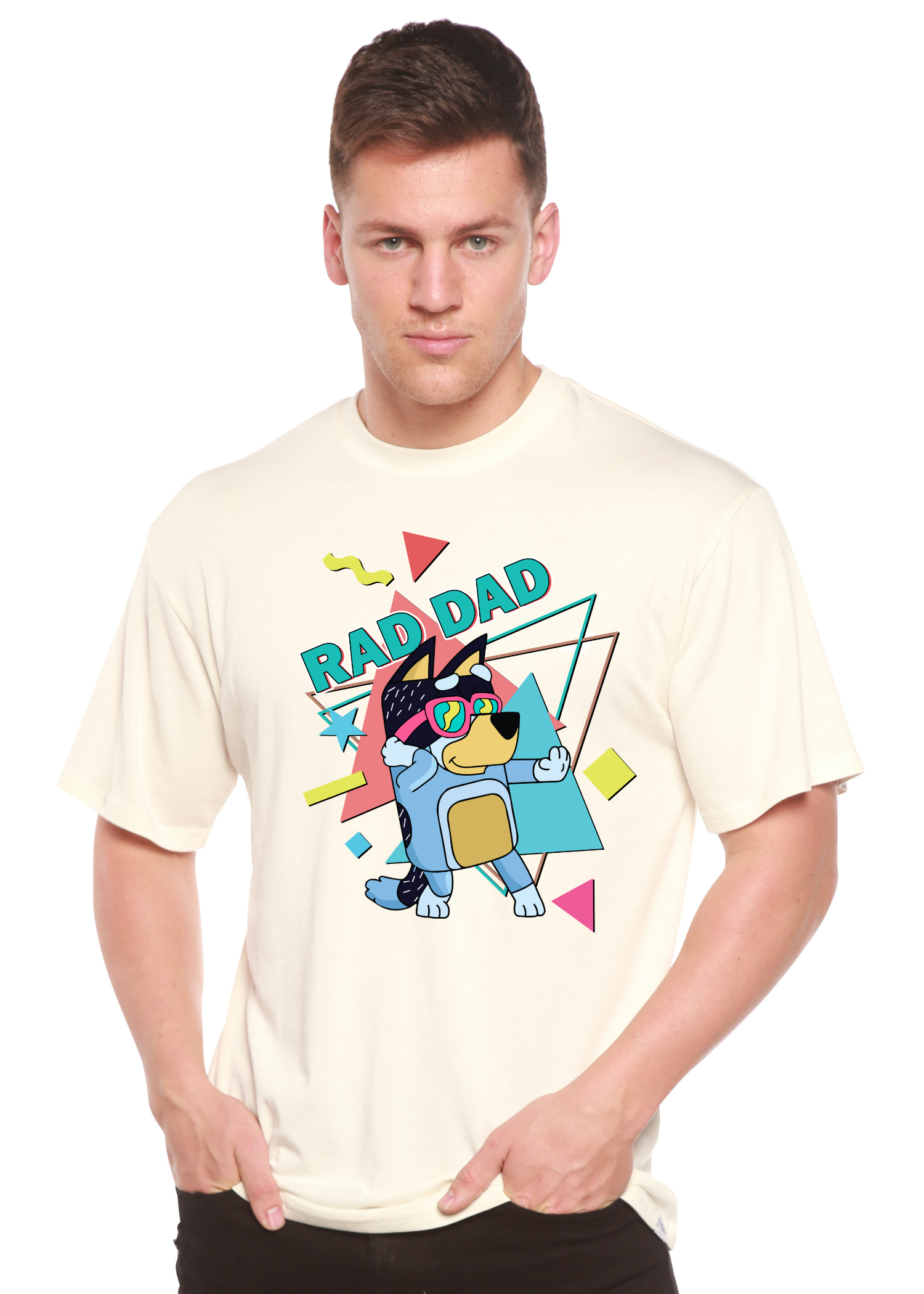 Spun Bamboo Rad Dad Bluey Men's Bamboo Short Sleeve Graphic T-Shirt — detail close-up