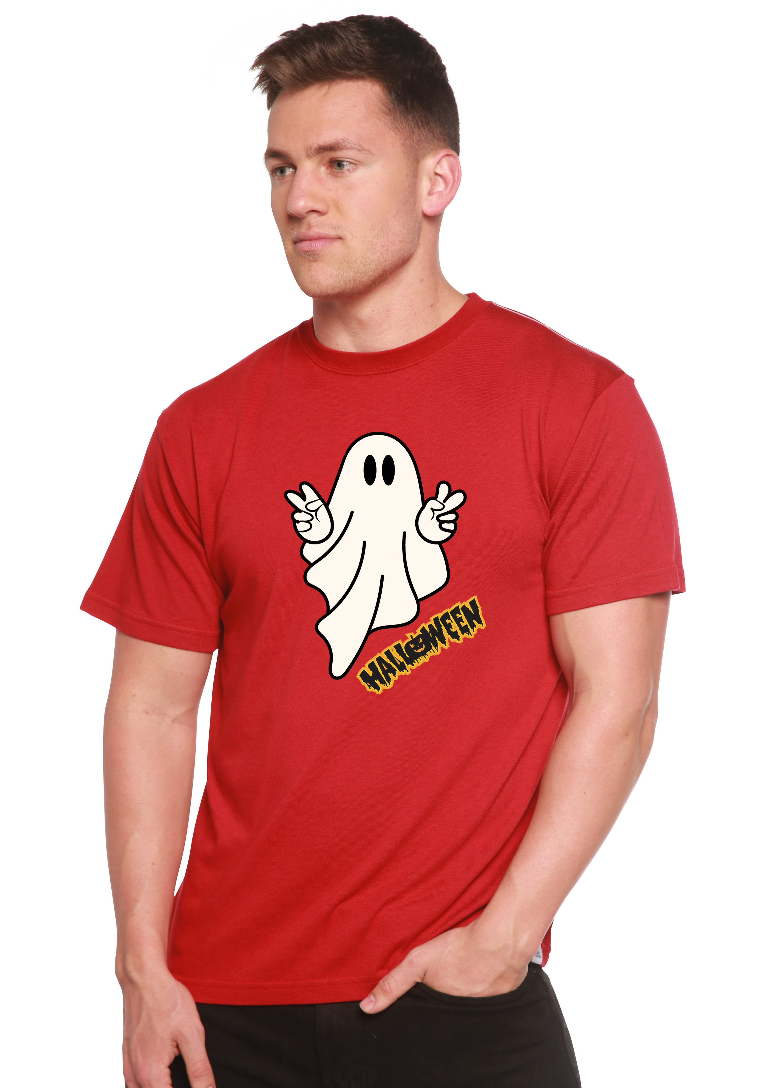 Spun Bamboo Halloween Ghost Unisex Bamboo Viscose/Organic Cotton Short Sleeve Graphic T-Shirt — color detail