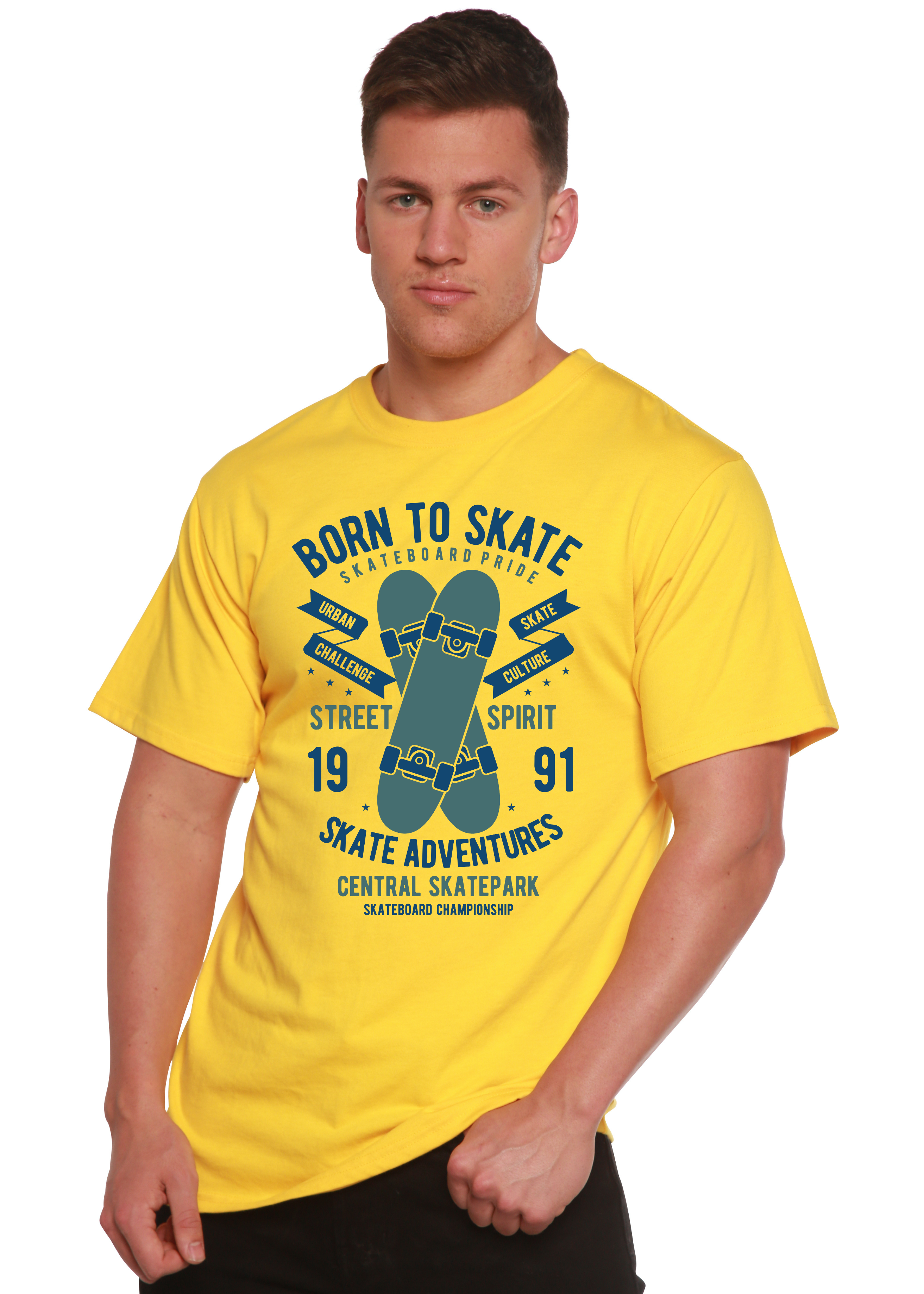 Spun Bamboo Born To Skate Men's Bamboo Viscose/Organic Cotton Short Sleeve Graphic T-Shirt — in-use photo