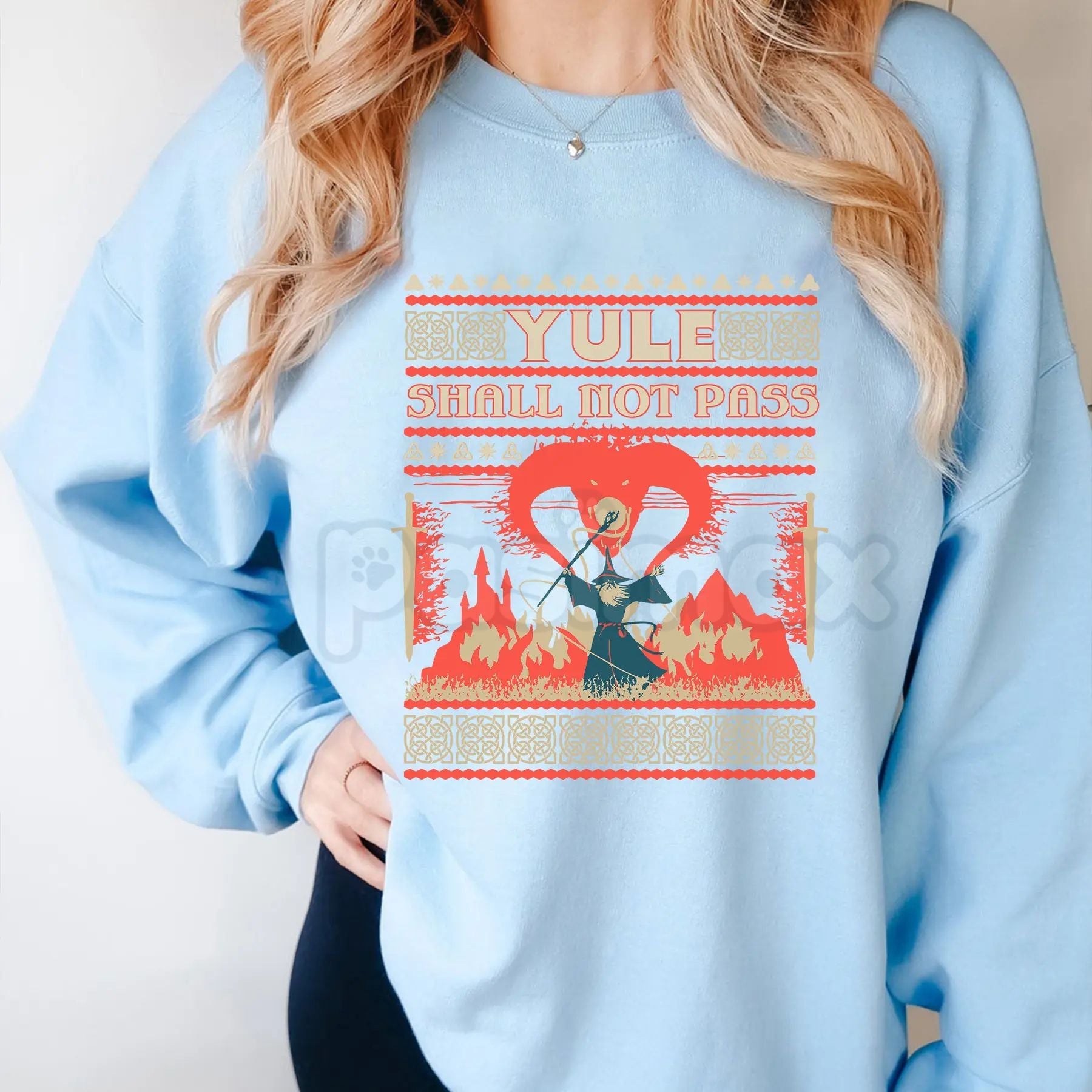 Pasimax 'Yule Shall Not Pass' Heavy Metal Sweatshirt | Balrog Death Metal Font LOTR Ugly Christmas Sweater — back view