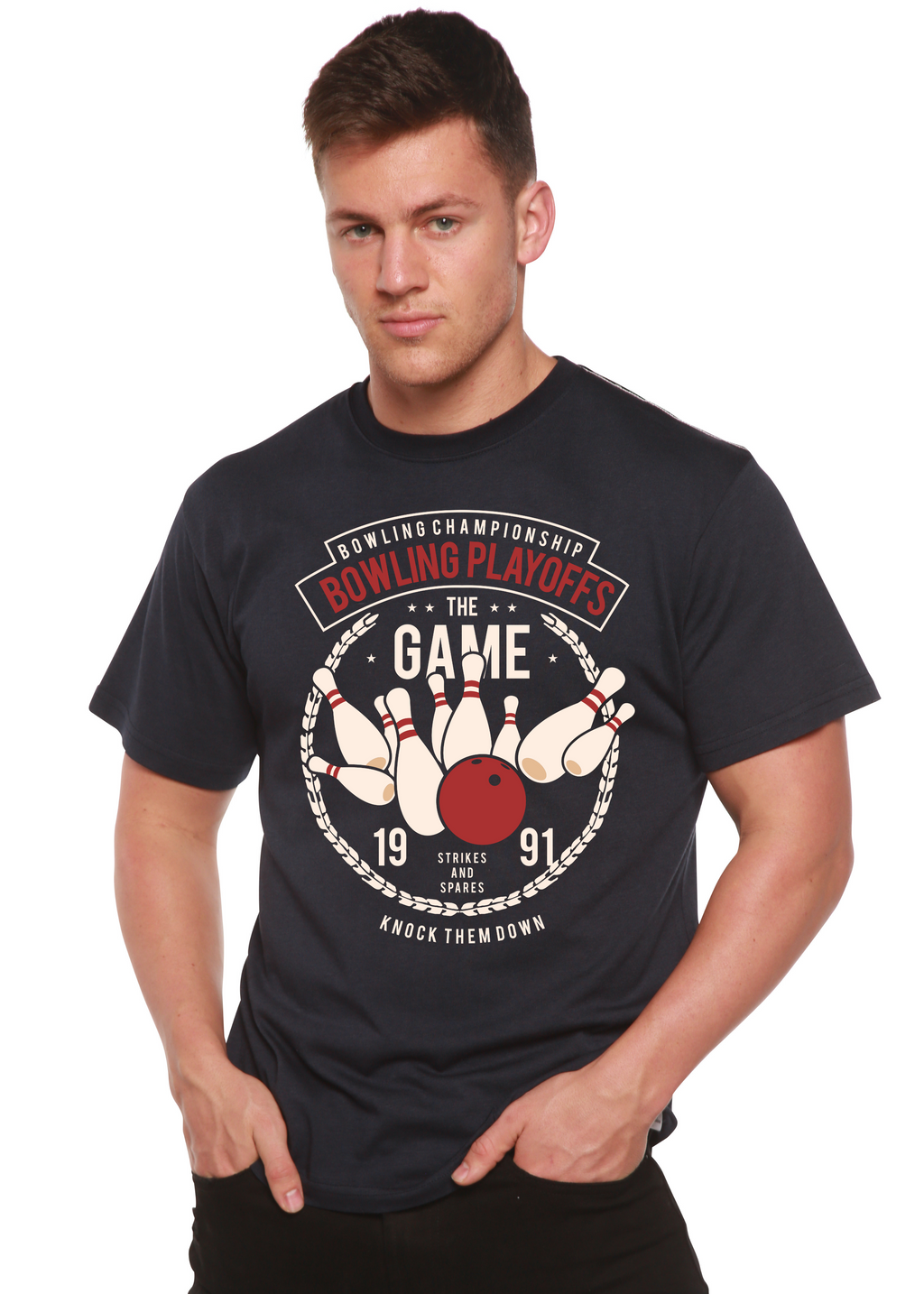 Spun Bamboo Bowling Playoffs Men's Bamboo Viscose/Organic Cotton Short Sleeve Graphic T-Shirt — detail close-up