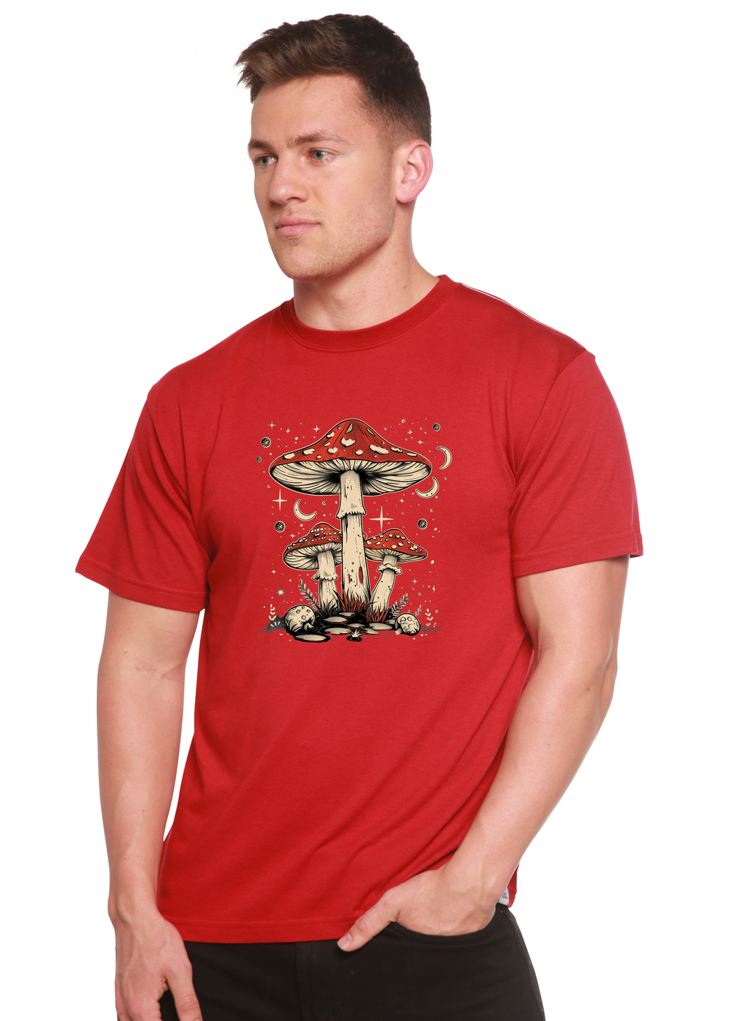 Spun Bamboo Boho Retro Hippie Mushrooms Natural Unisex Bamboo/Cotton Graphic T-Shirt — lifestyle context