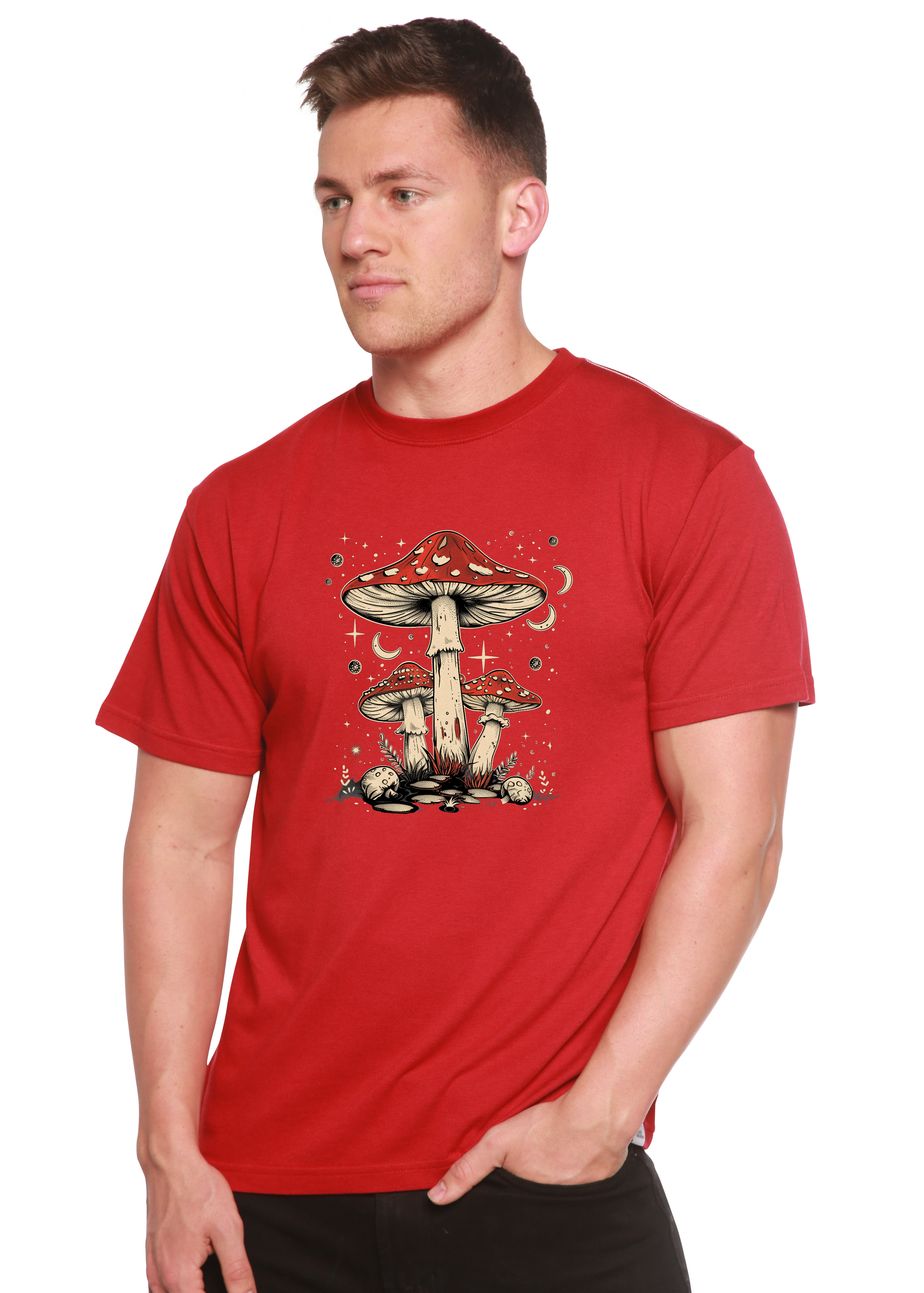 Spun Bamboo Boho Retro Hippie Mushrooms Natural Unisex Bamboo/Cotton Graphic T-Shirt — lifestyle context