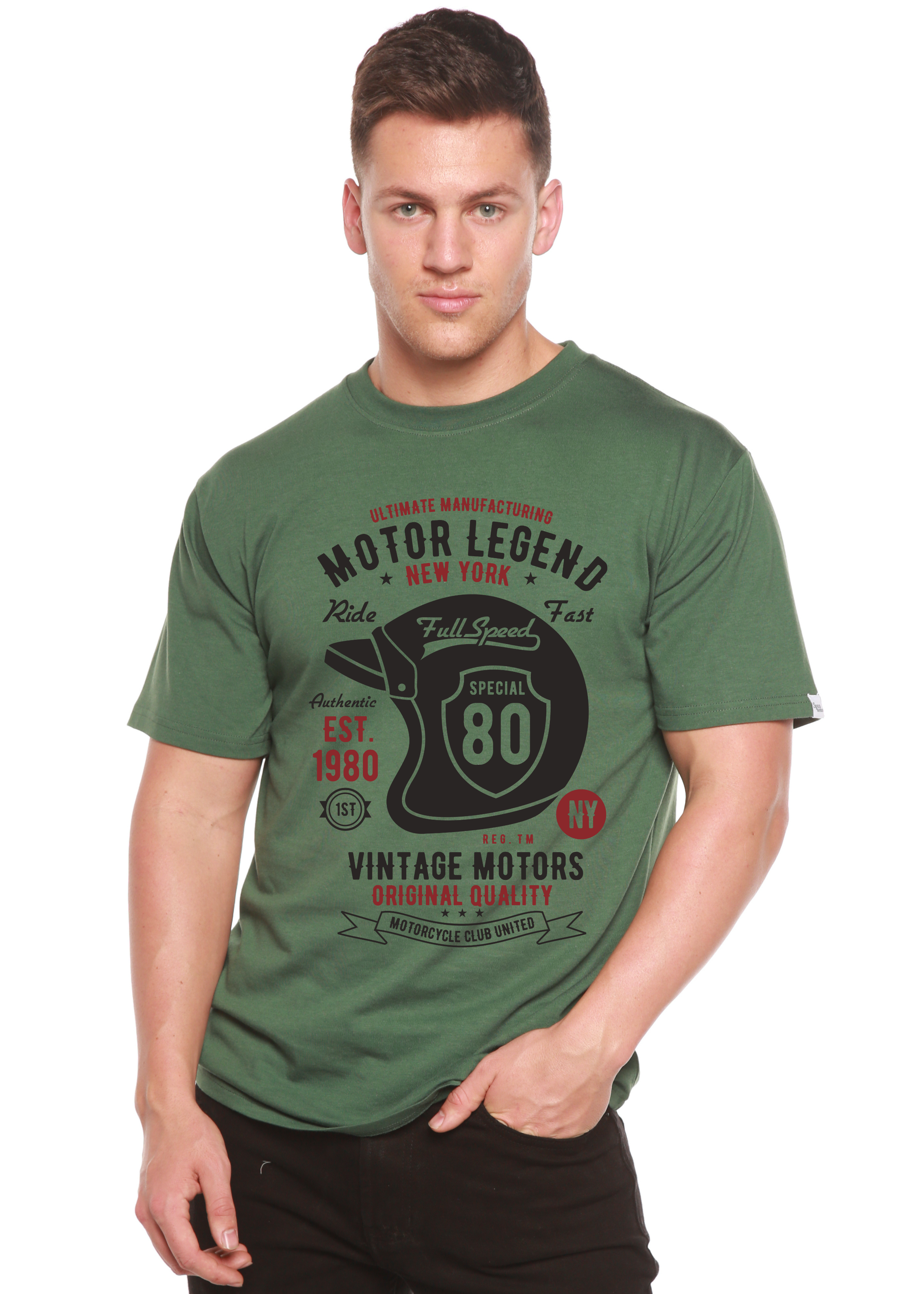 Spun Bamboo Motor Legend Helmet Men's Bamboo Viscose/Organic Cotton Short Sleeve Graphic T-Shirt — in-use photo