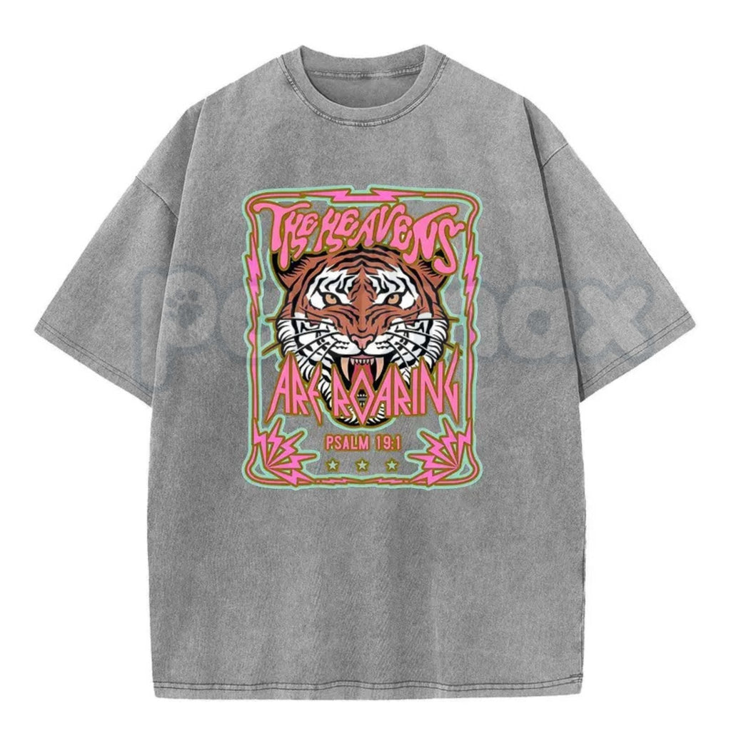 Wayii Fashion The Heavens Roaring Tiger T-Shirt – Unisex Acid Wash Vintage Graphic Tee, Lightweight Retro Cotton Streetwear Top