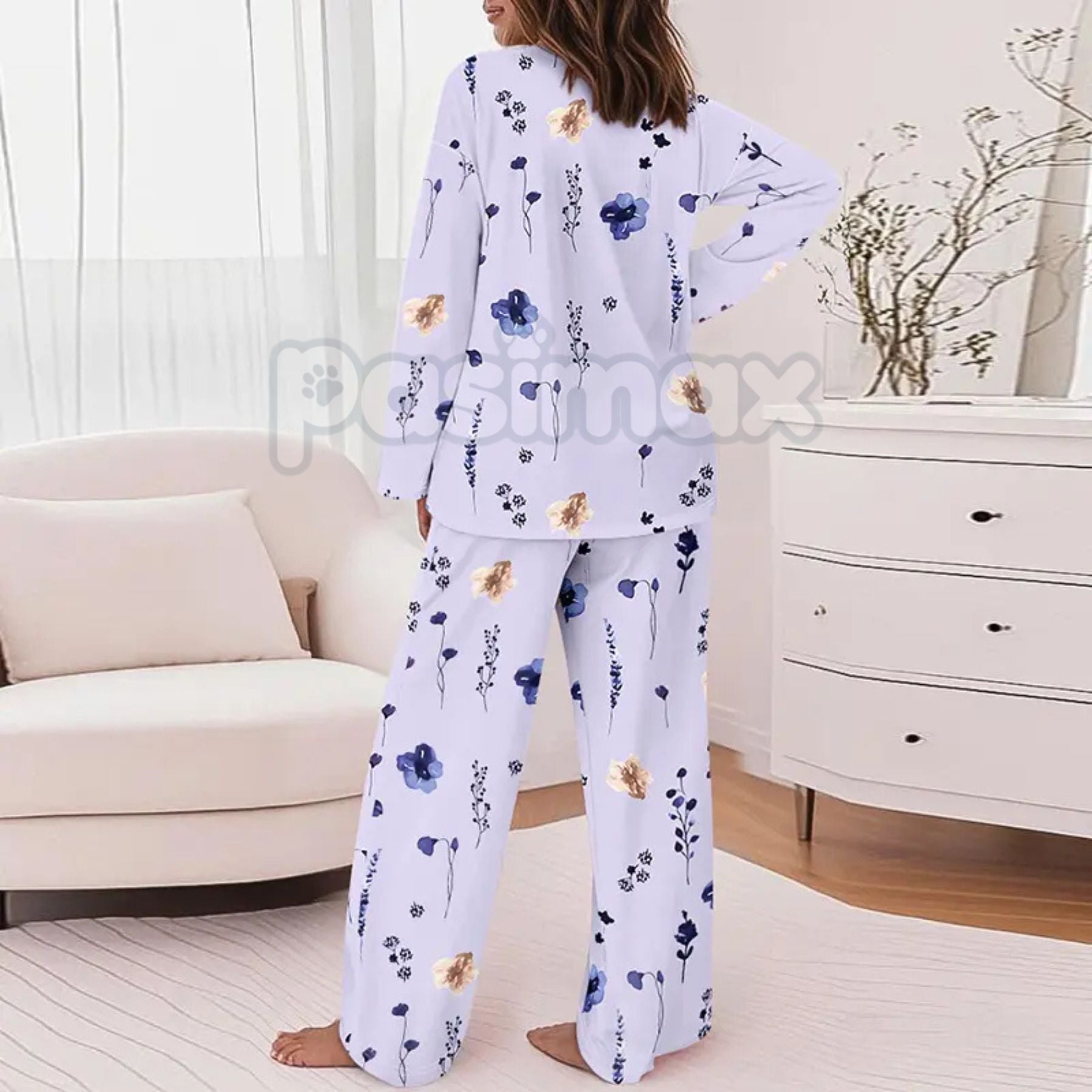 Pasimax ChicMe Women's Floral Print Lounge Set - Long Sleeve Top & Casual Pants with Pockets, Comfortable Home Wear — back vi