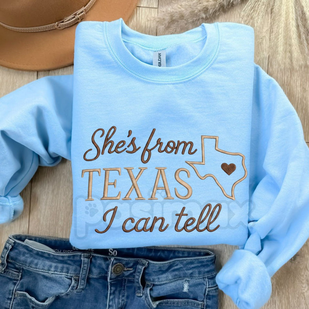 Pasimax "She's from Texas" Embroidered Sweatshirt – Texas Outline & Heart Design Crewneck — lifestyle context