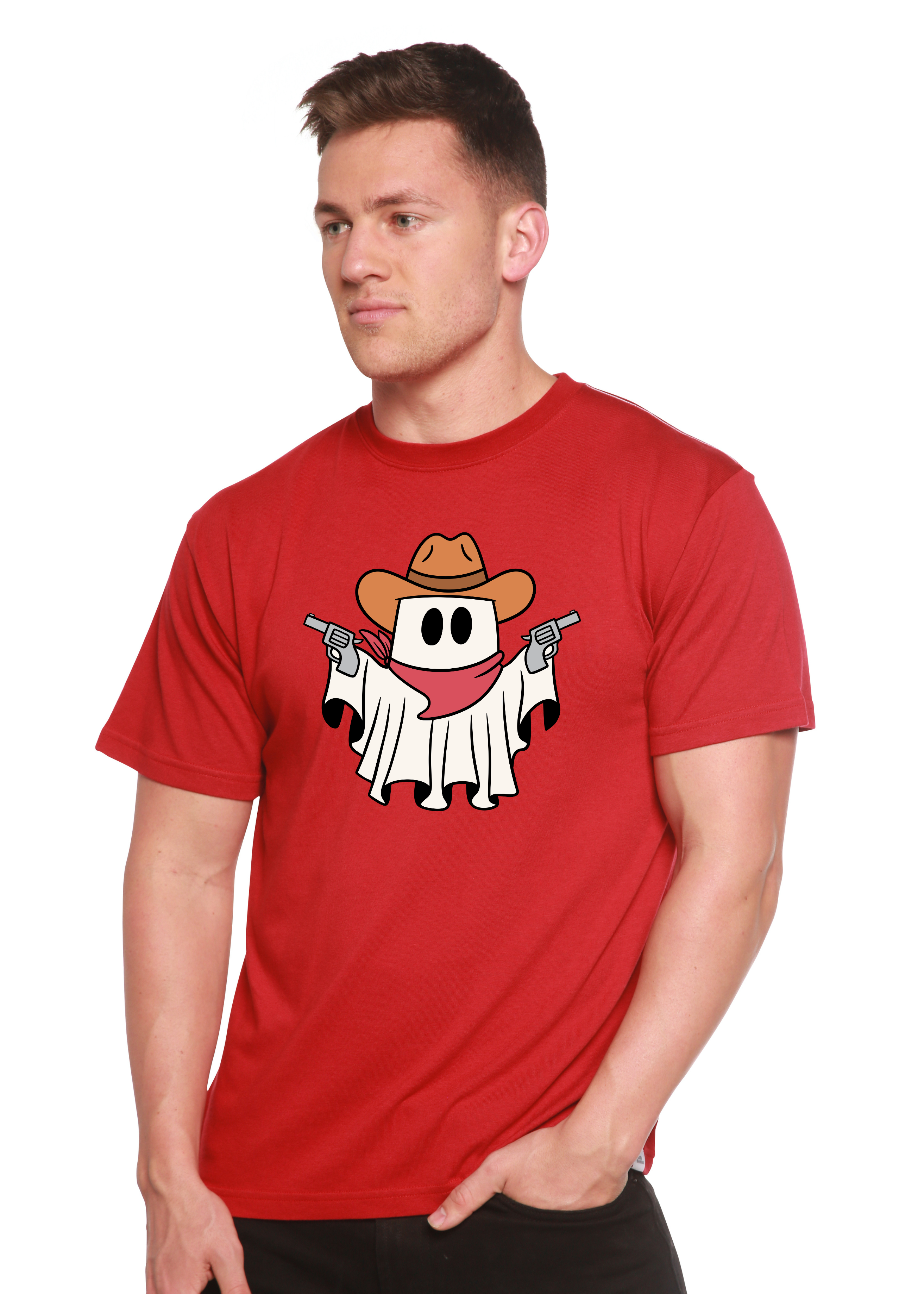 Spun Bamboo Cowboy Ghost Unisex Bamboo Viscose/Organic Cotton Short Sleeve Graphic T-Shirt — fabric or material detail