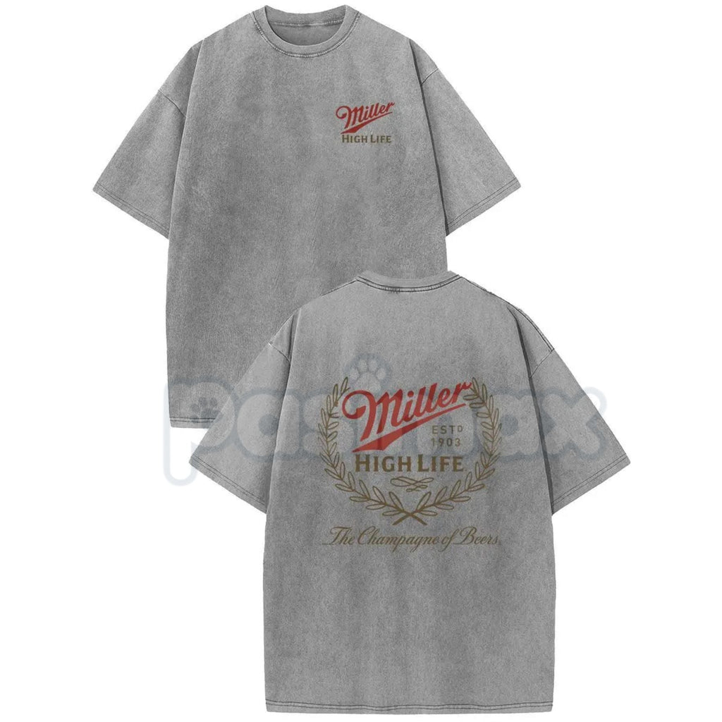 Holafish Miller High Life Acid Wash T-Shirt – Champagne of Beers Double-Sided Graphic Tee, Lightweight Retro Cotton Streetwear