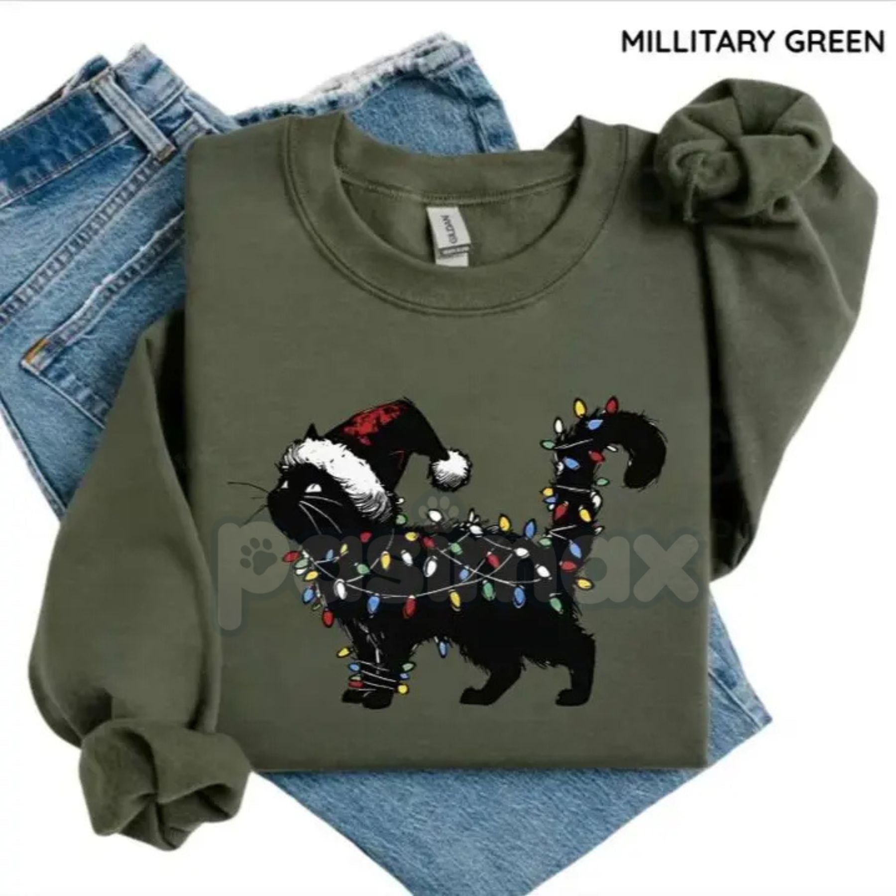 Pasimax Cute Cat Christmas Sweatshirt – Funny Feline Holiday Crewneck on a Gildan 18000 — back view