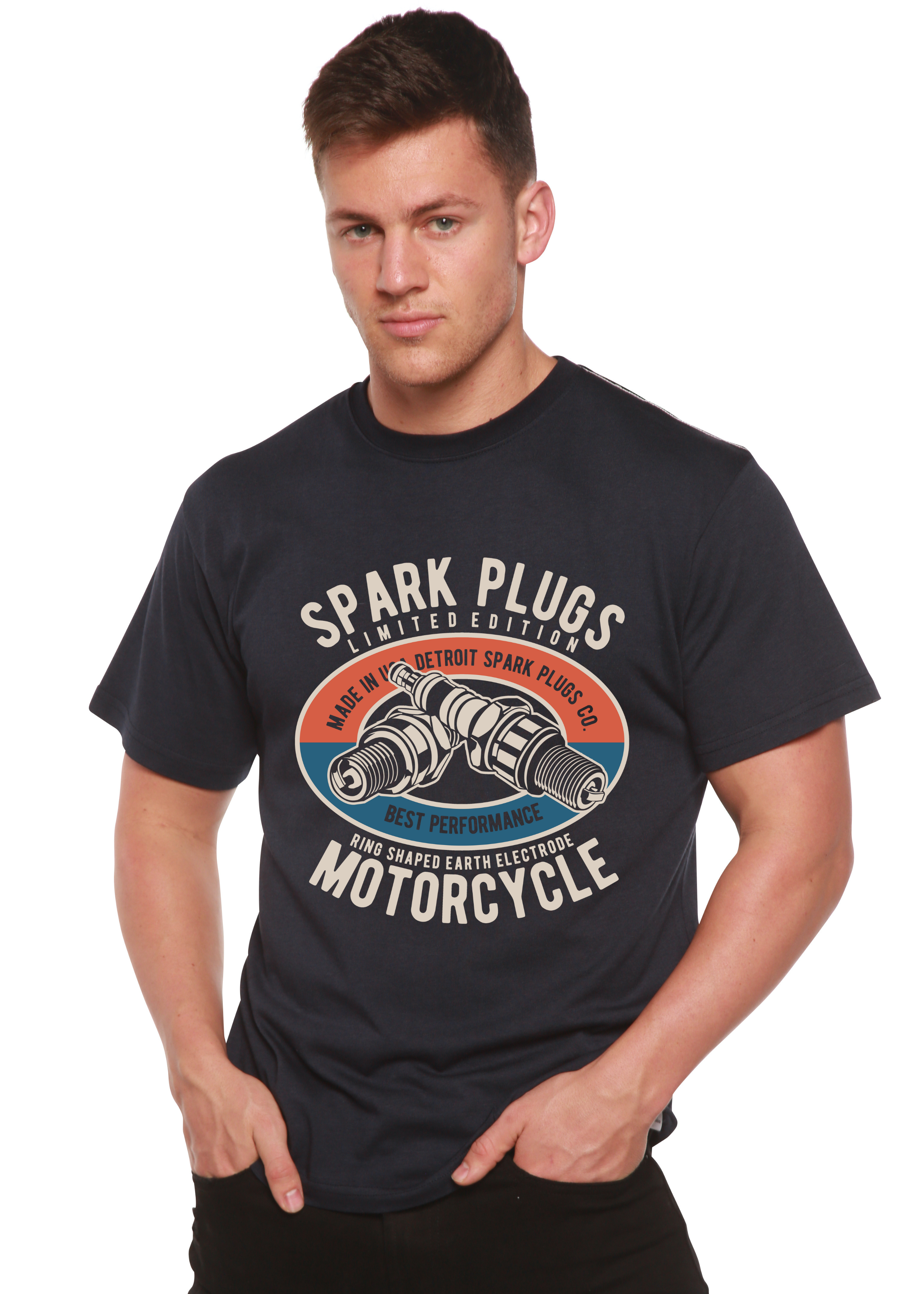 Spun Bamboo Spark Plugs Spun Bamboo® Men's Bamboo Viscose/Organic Cotton Short Sleeve Graphic T-Shirt — detail close-up
