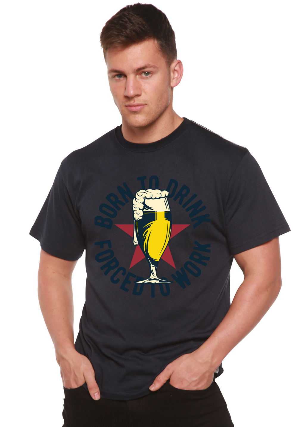 Spun Bamboo Born to Drink Men's Bamboo Viscose/Organic Cotton Short Sleeve Graphic T-Shirt — size reference