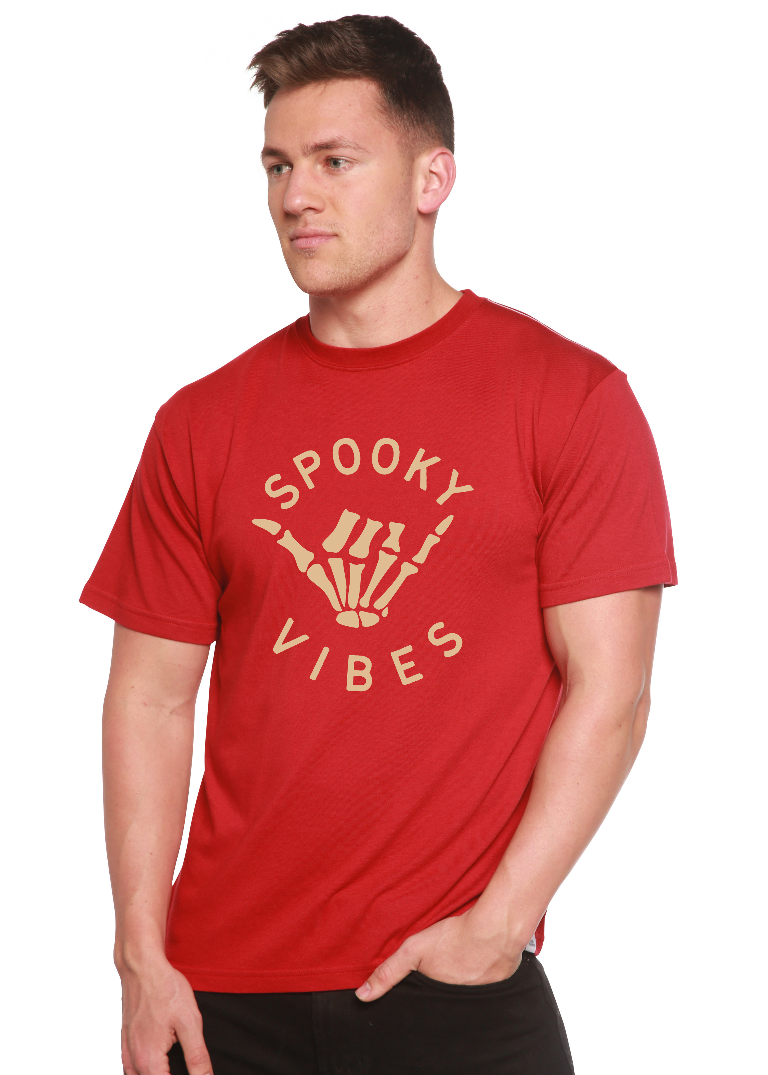 Spun Bamboo Spooky Vibes Men's Bamboo Viscose/Organic Cotton Short Sleeve Graphic T-Shirt — in-use photo