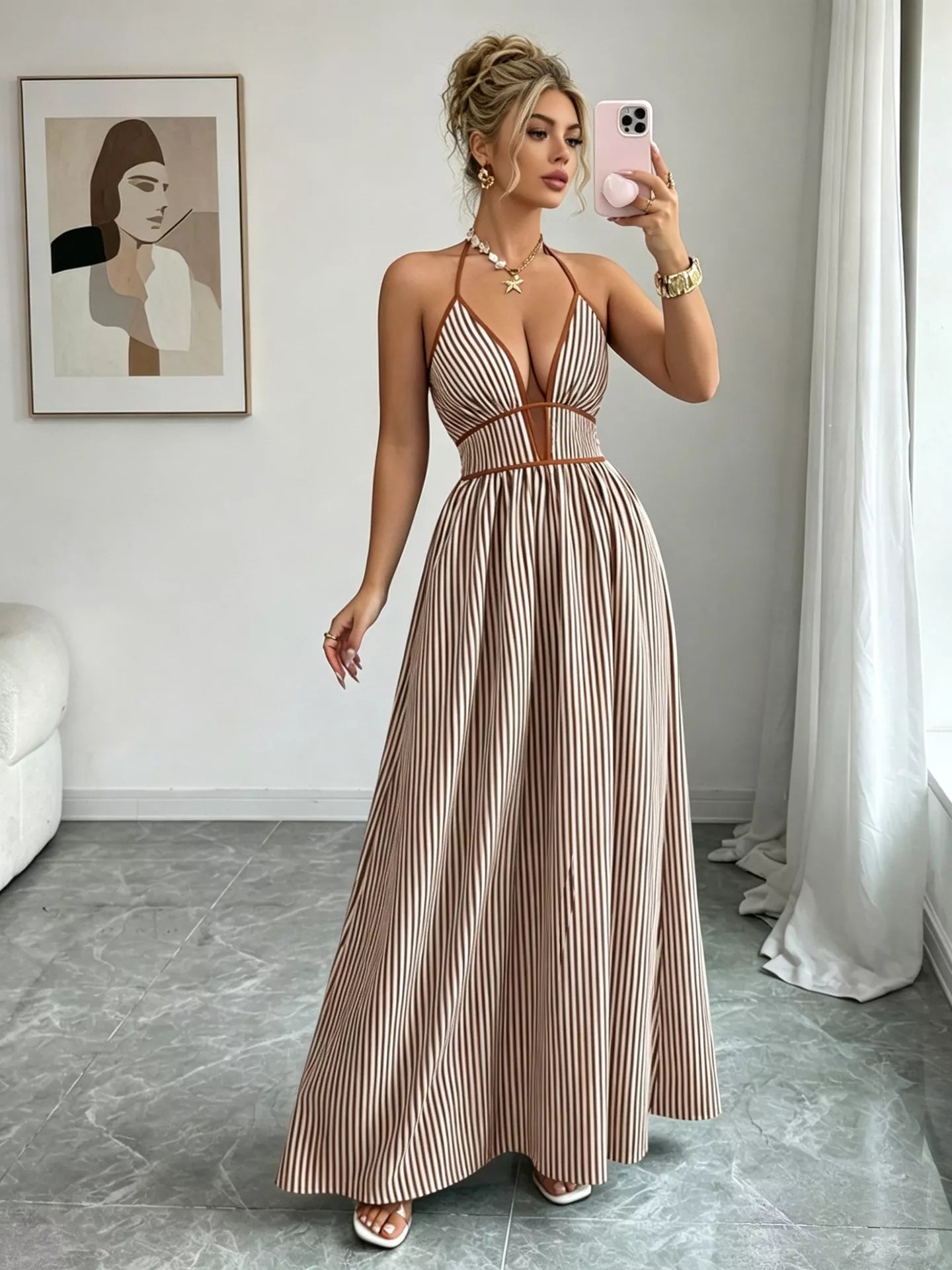 Striped Halter Neck Maxi Dress