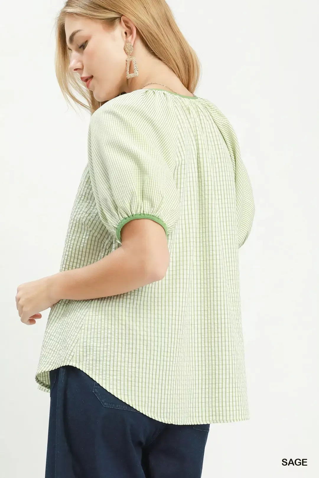 Umgee Checker Puff Sleeve Button Front Blouse