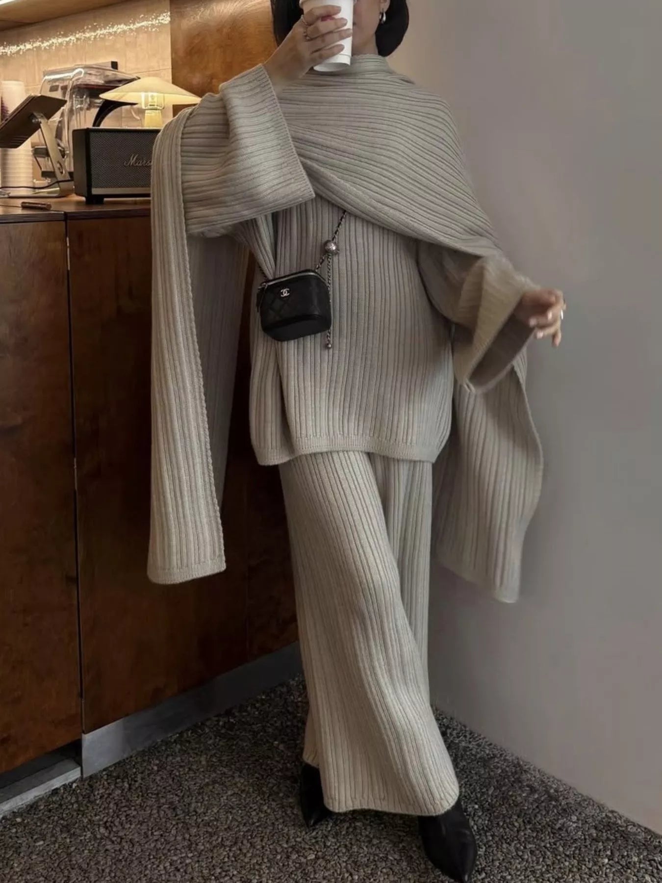 3-Piece Crew Neck Ribbed Sweater and Wide-Leg Pants Set with Scarf