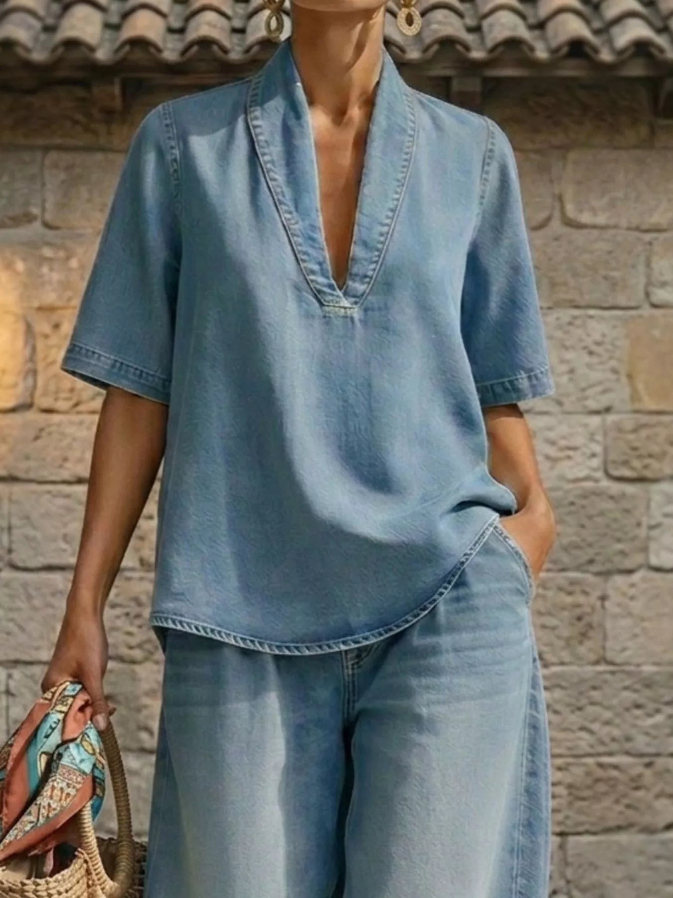 Full Size Half Sleeve Top and Wide Leg Pants Set Plus Size