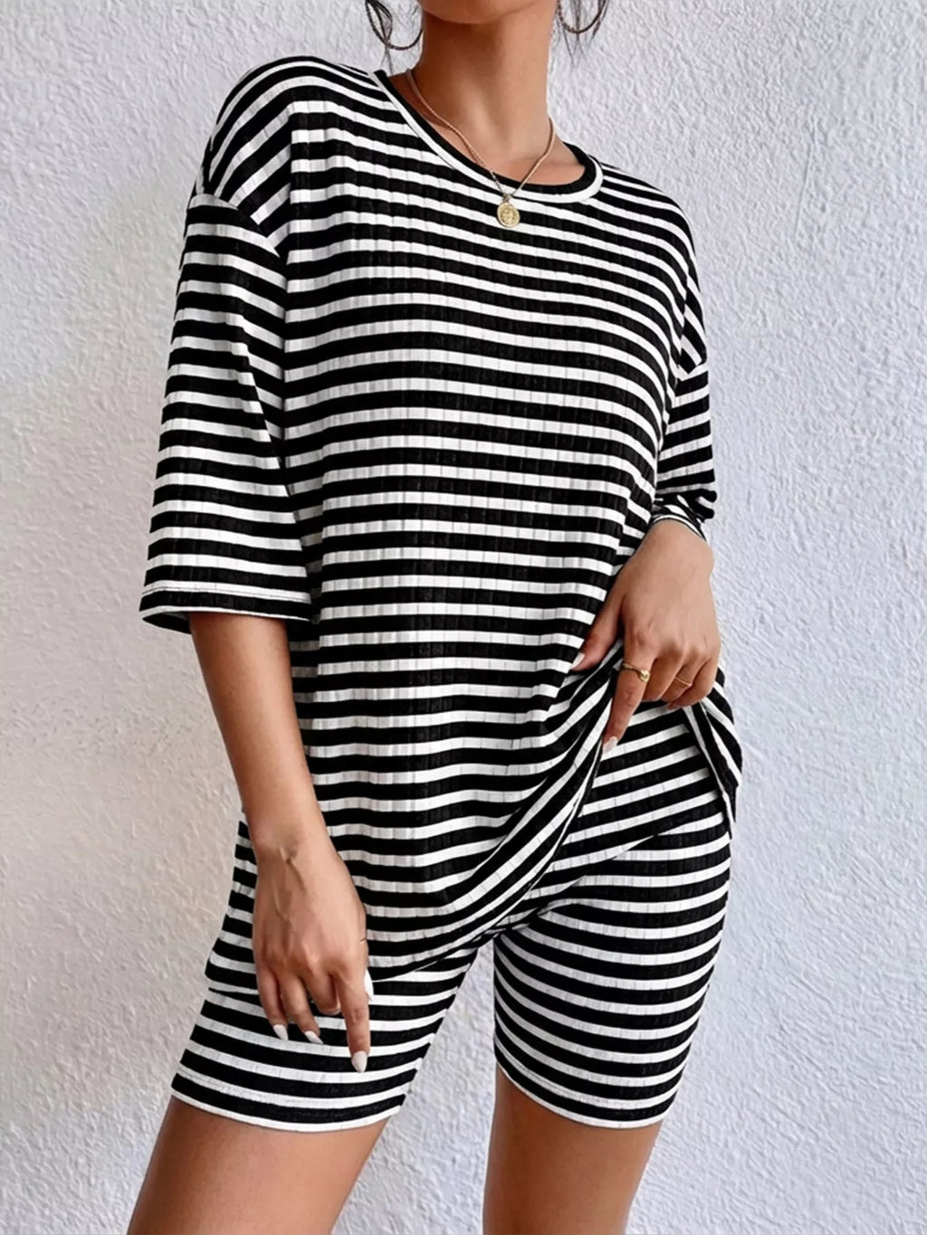 Striped Round Neck Top and Shorts Set
