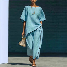 Women's Casual Resort Loose Short-Sleeve Top & Pants Set