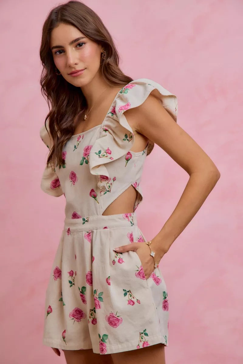 SO ME Floral Print Denim Cut Out Waist Ruffled Romper