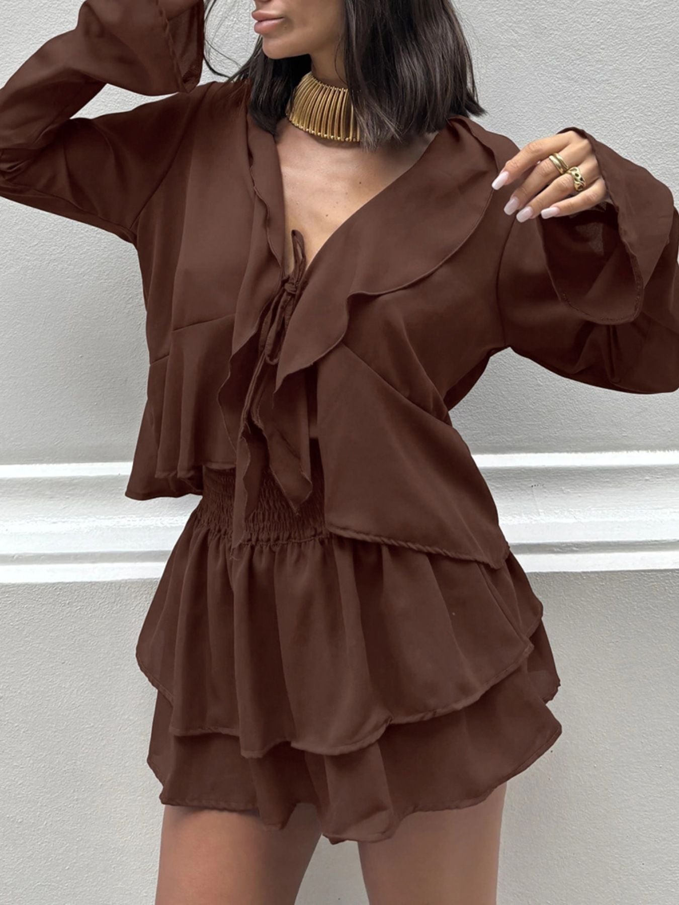 Ruffle Trim Top and Skirt Two-Piece Set