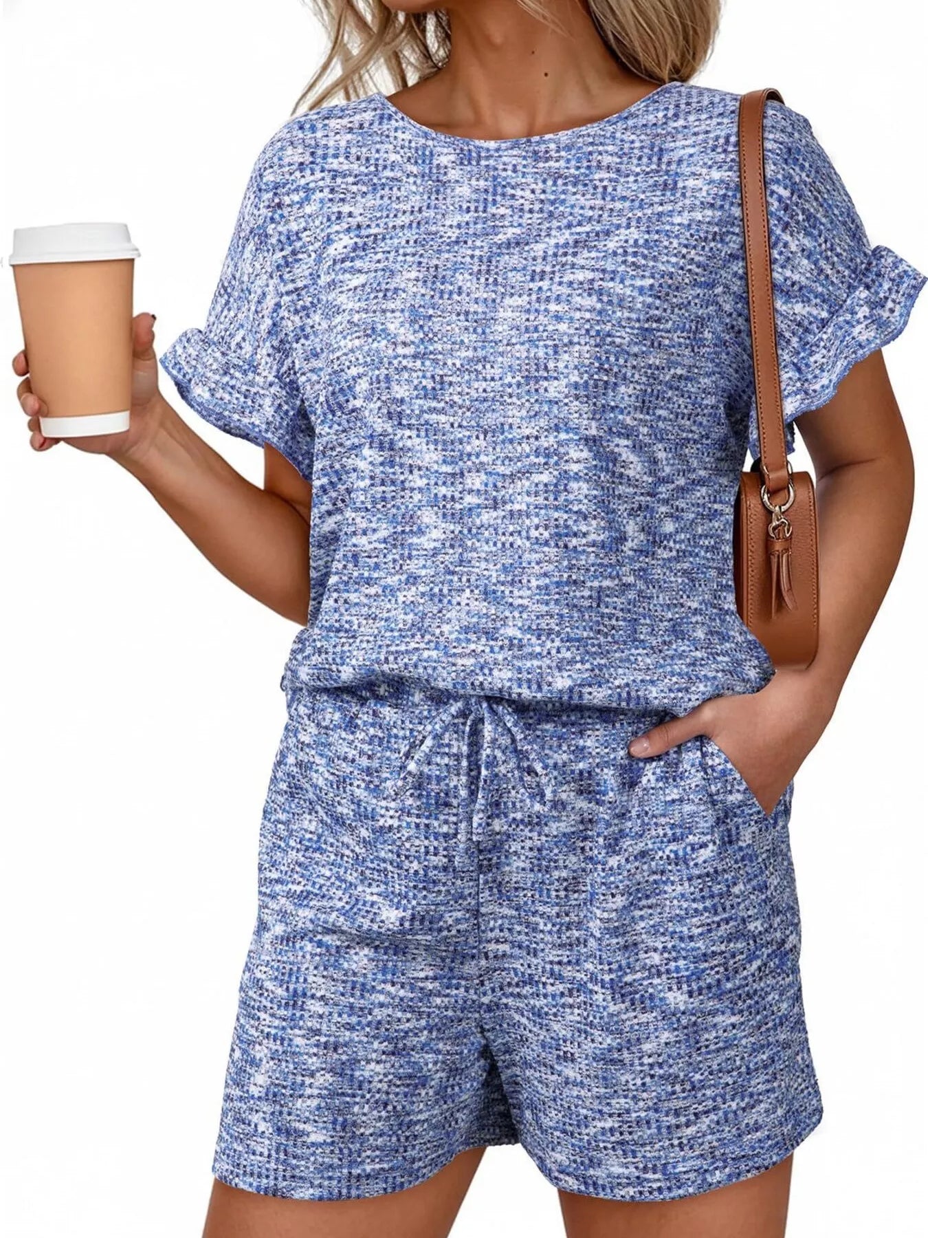 Ruffle Sleeve Textured Top and Shorts Set