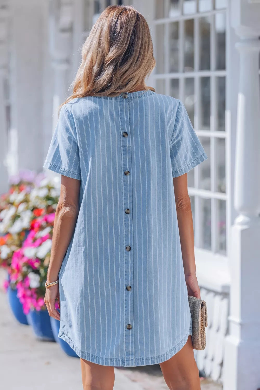 Stripe Buttoned Back T-Shirt Denim Mini Dress