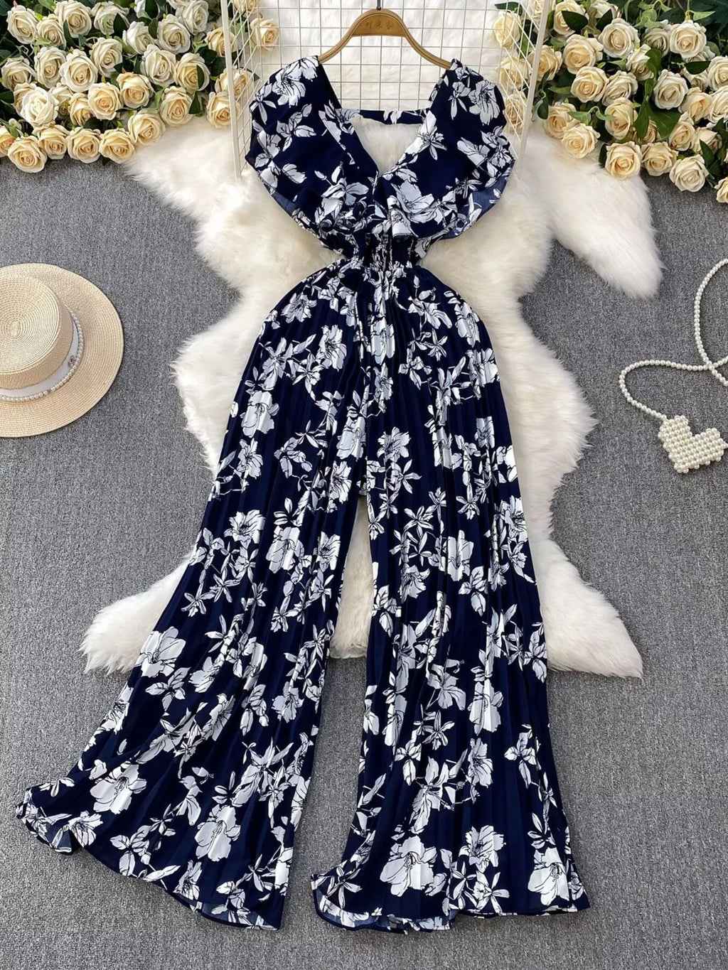 Floral Print Wide Leg Pleated Jumpsuit