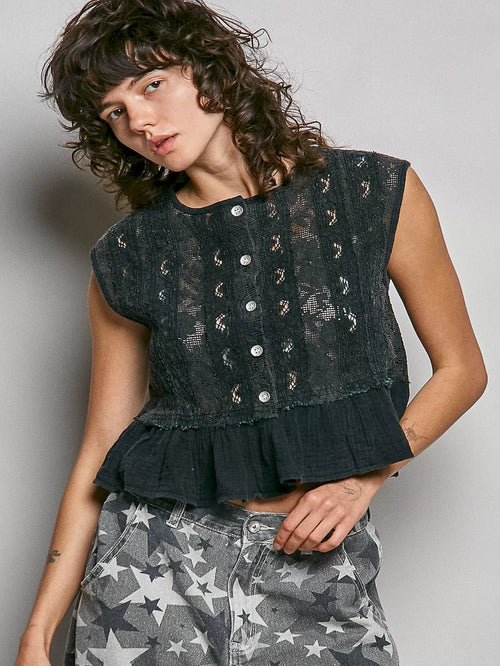 POL Round Neck Lace Sleeveless Top with Double Gauze Ruffle
