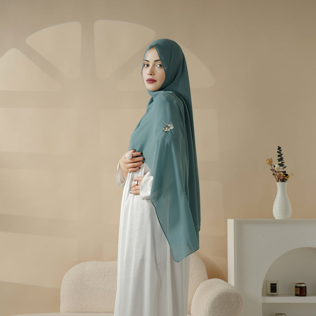 Mariam's Collection Plain Chiffon Shawl Hijab With Embroidery, Extra-Fine Embroidered Hijab (MH077) — detail shot 8