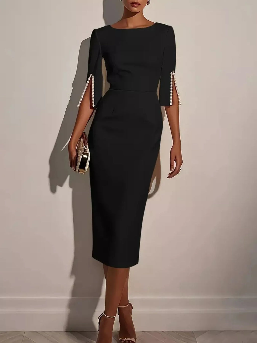 Slim-Fit Elegant Midi Dress with Beaded Slit Sleeve