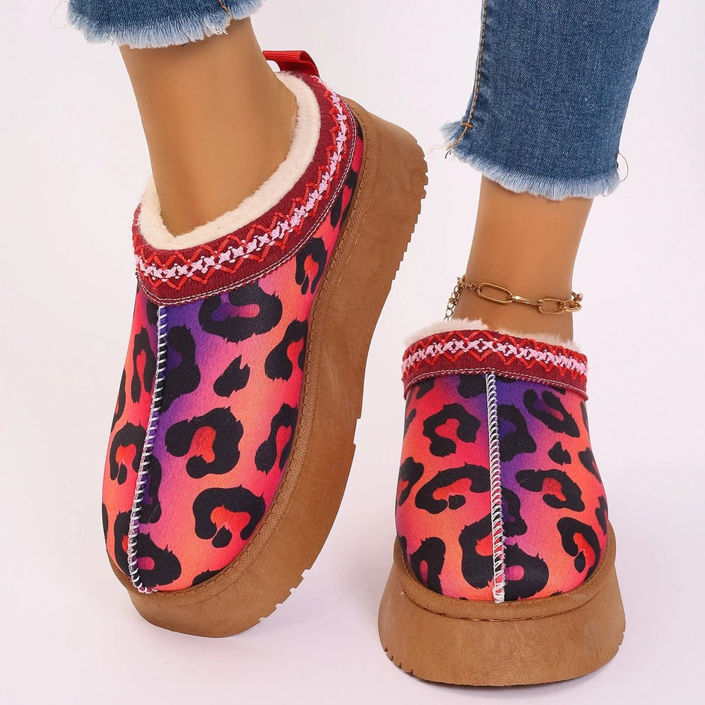 Mandotos Christmas Cartoon Print Plush Lined Slip On Navy Ankle Boots For Women Indoor Home Shoes