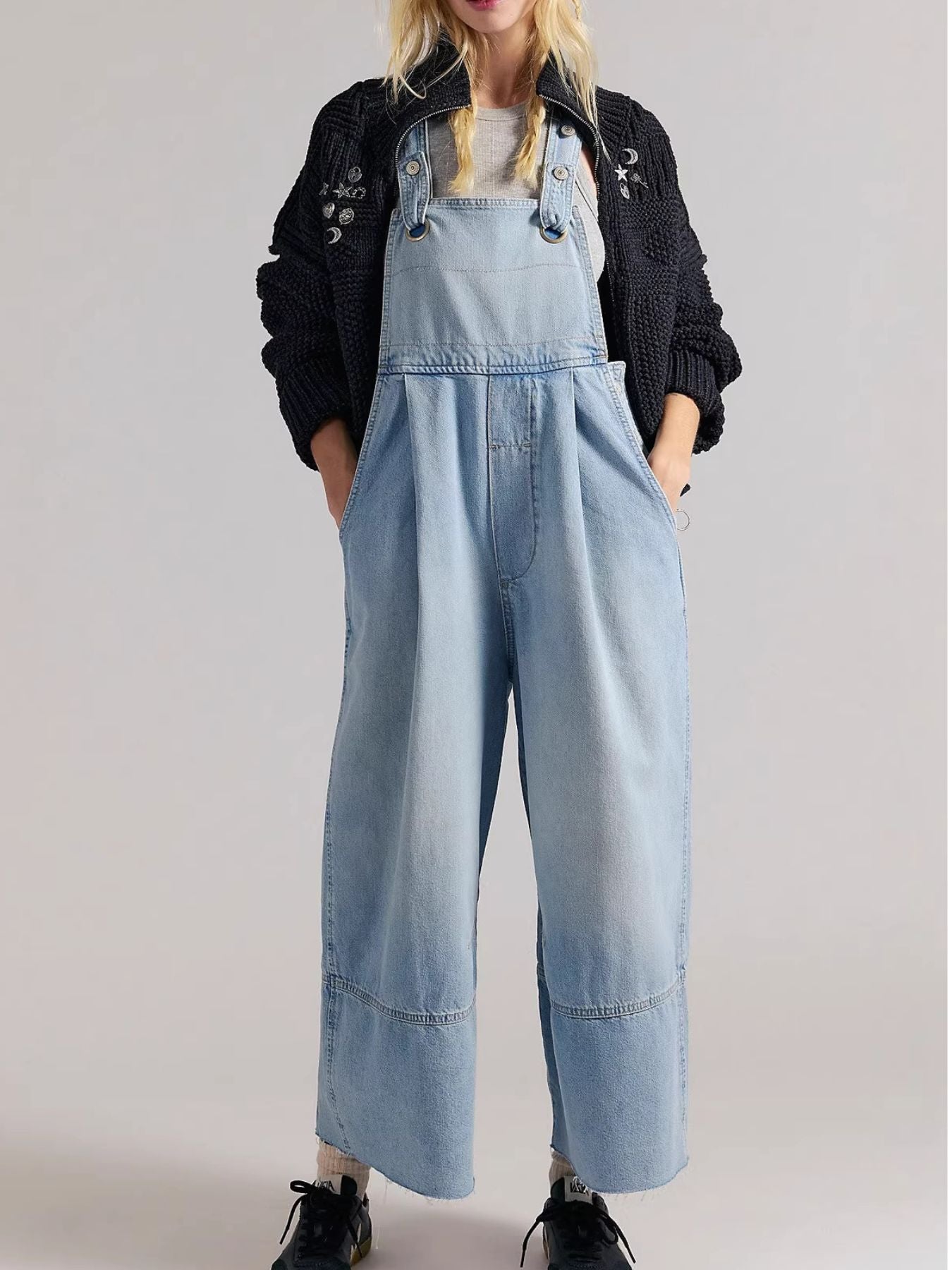 Raw Hem Wide-Leg Denim Overalls