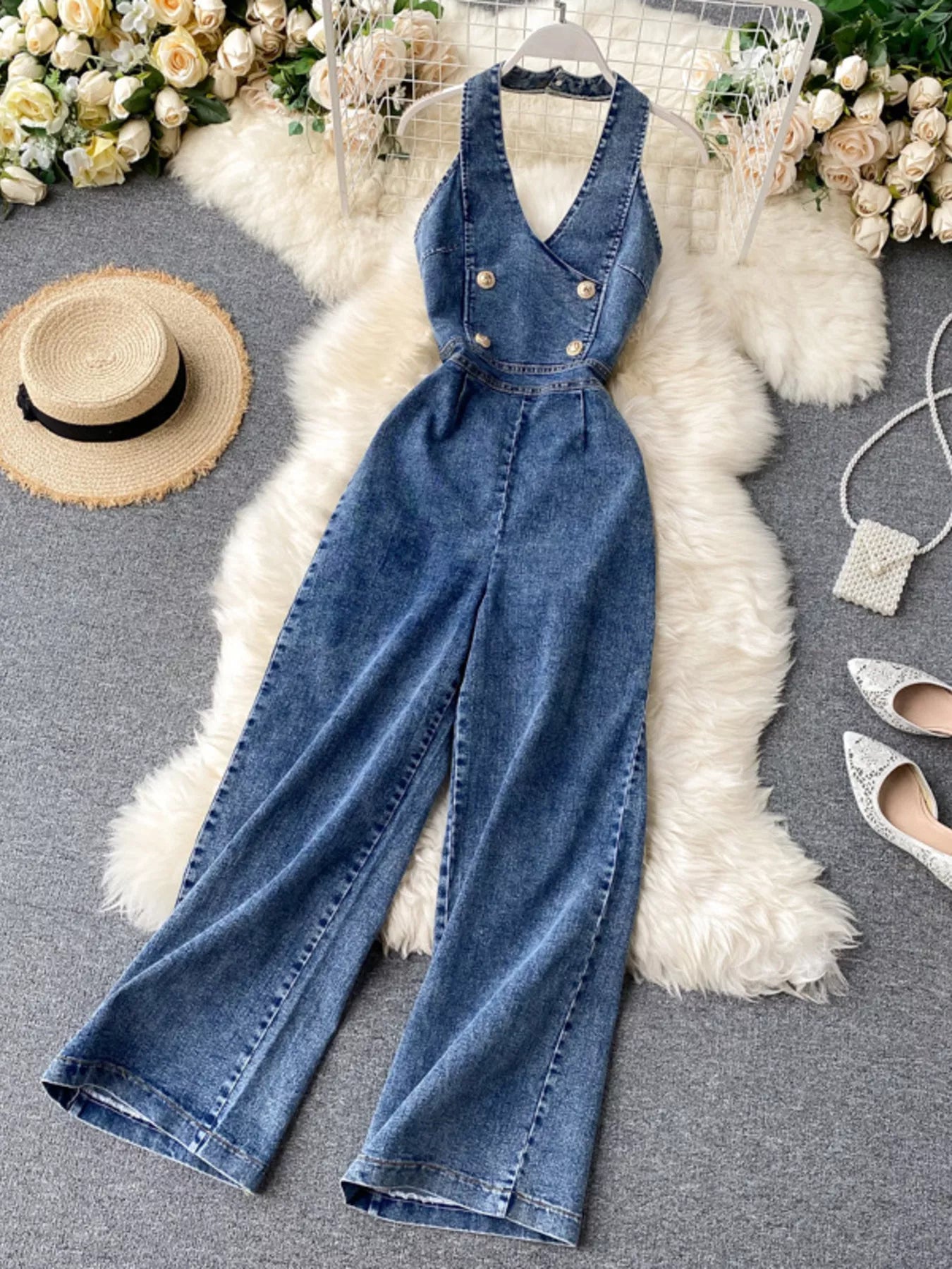 Halter Neck Wide Leg Denim Jumpsuit