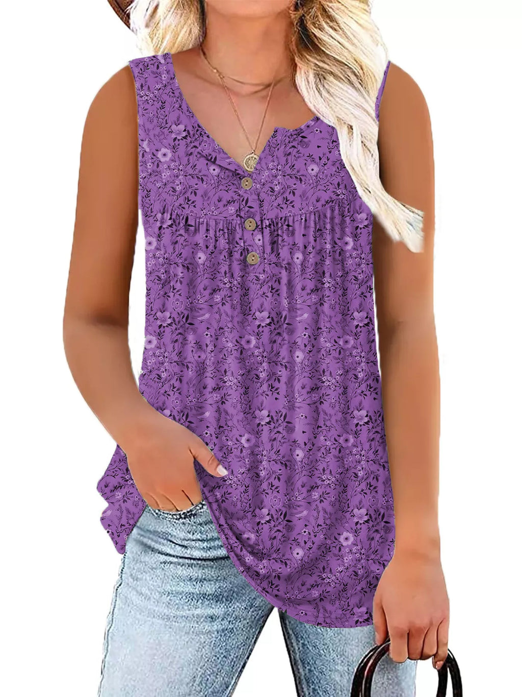 Full Size Floral Print Button Detail Tank Plus Size